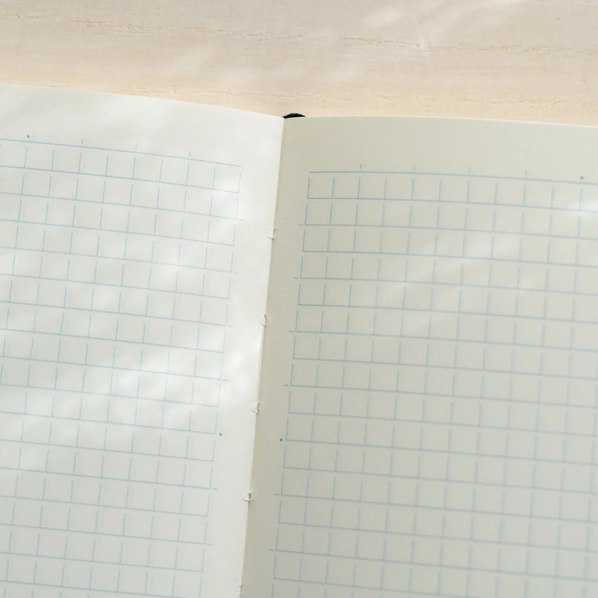 Midori MD Notebook A6 Grid open spread close-up, ivory pages with light blue grid lines, thread-stitched center spine
