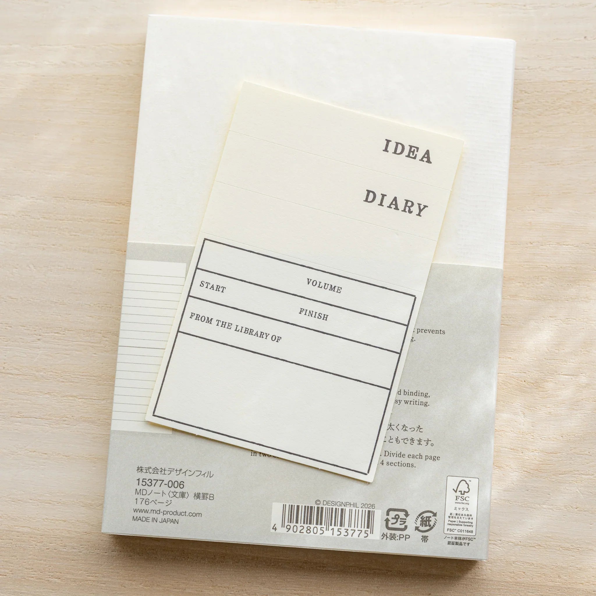 Midori MD Notebook A6 Lined back cover showing IDEA DIARY bookplate with VOLUME, START, FINISH fields, gray MD Paper section