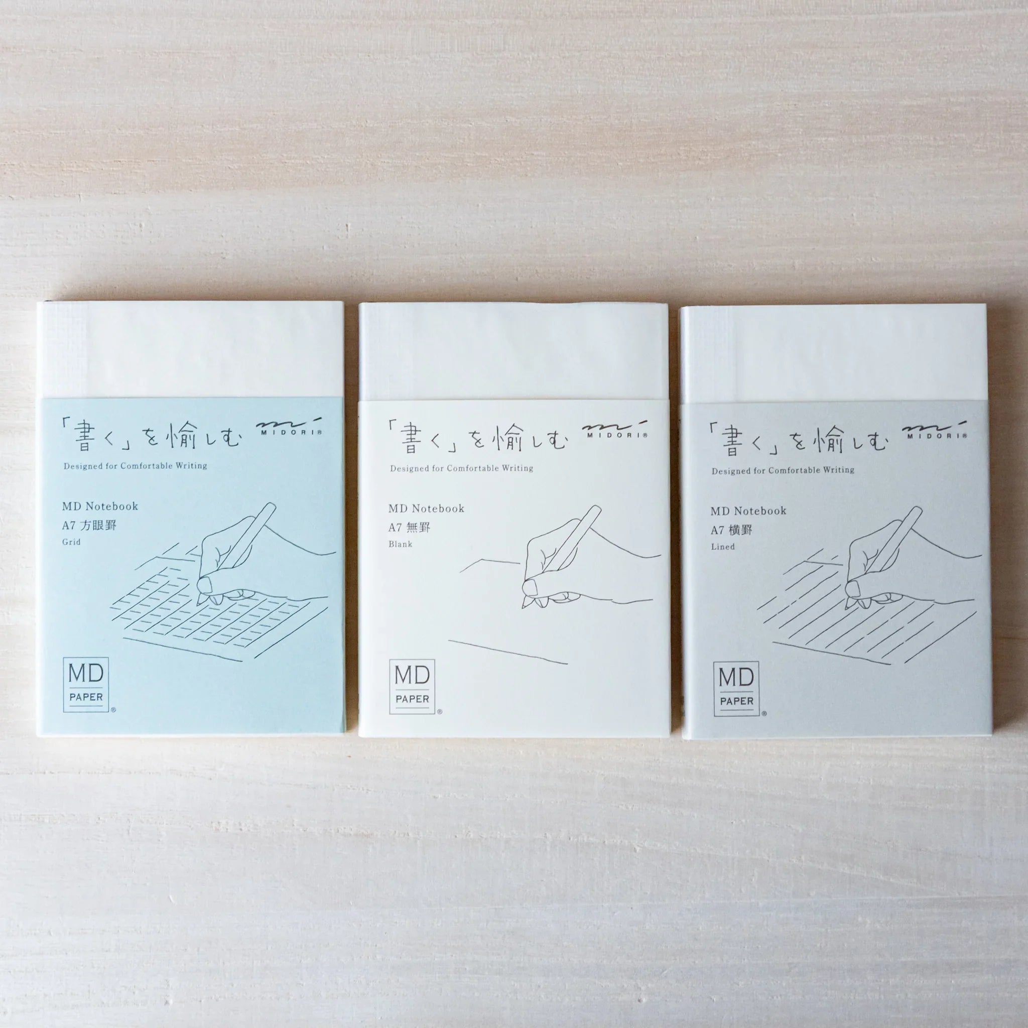 Japanese Notebook set of three Midori MD A7 notebooks shown side by side in grid, blank, and lined styles on a table.