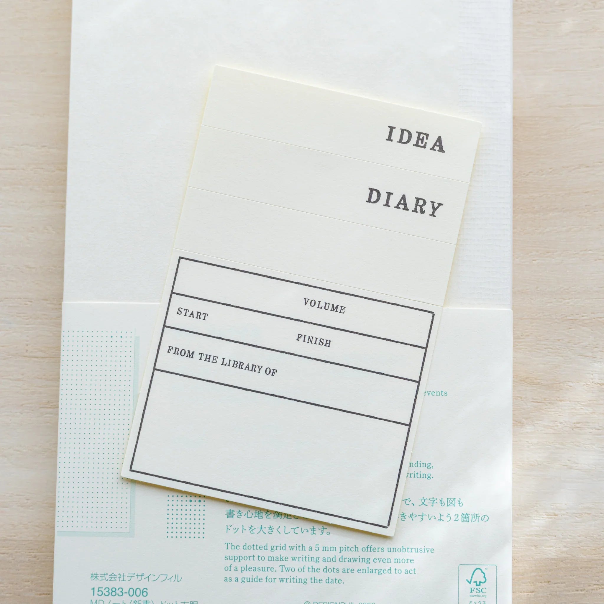 Midori MD Notebook B6 Slim open to title page with IDEA DIARY header and fields for Volume, Start, Finish, owner name