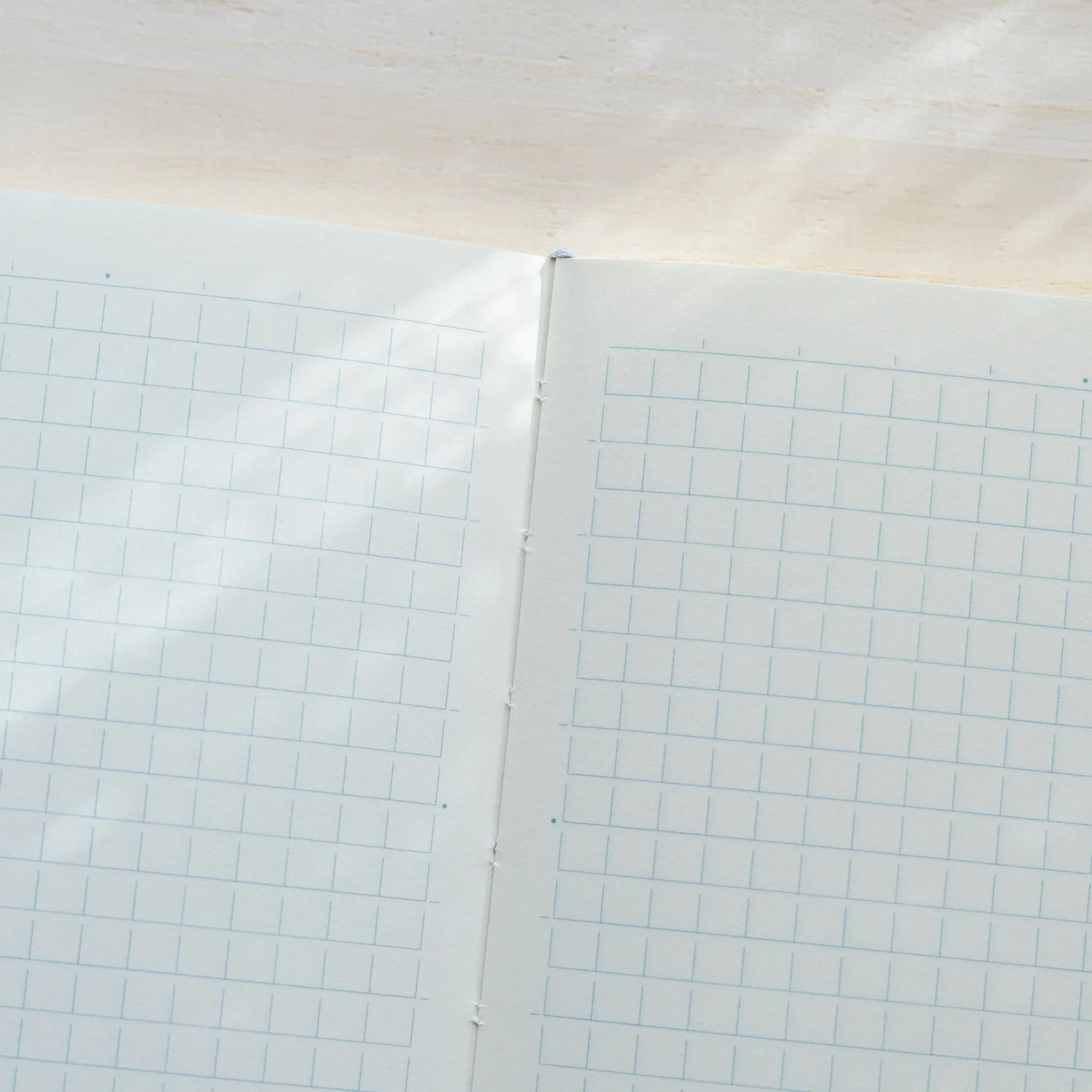Close-up of Midori MD Notebook B6 Slim Grid open spread, light blue grid pattern on white paper, center spine visible