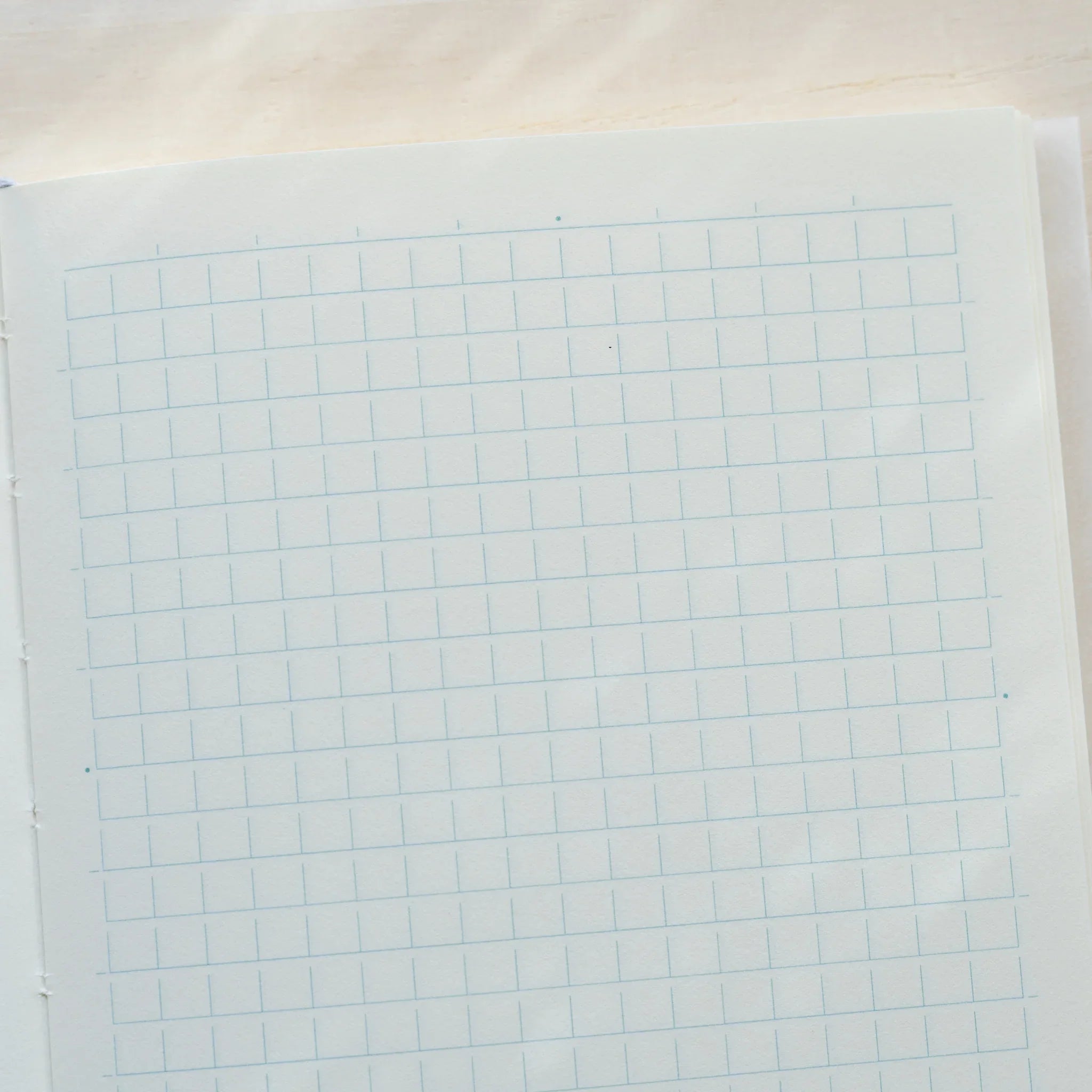 Close-up of Midori MD Notebook B6 Slim Grid single page, light blue grid pattern on white paper, page edge visible