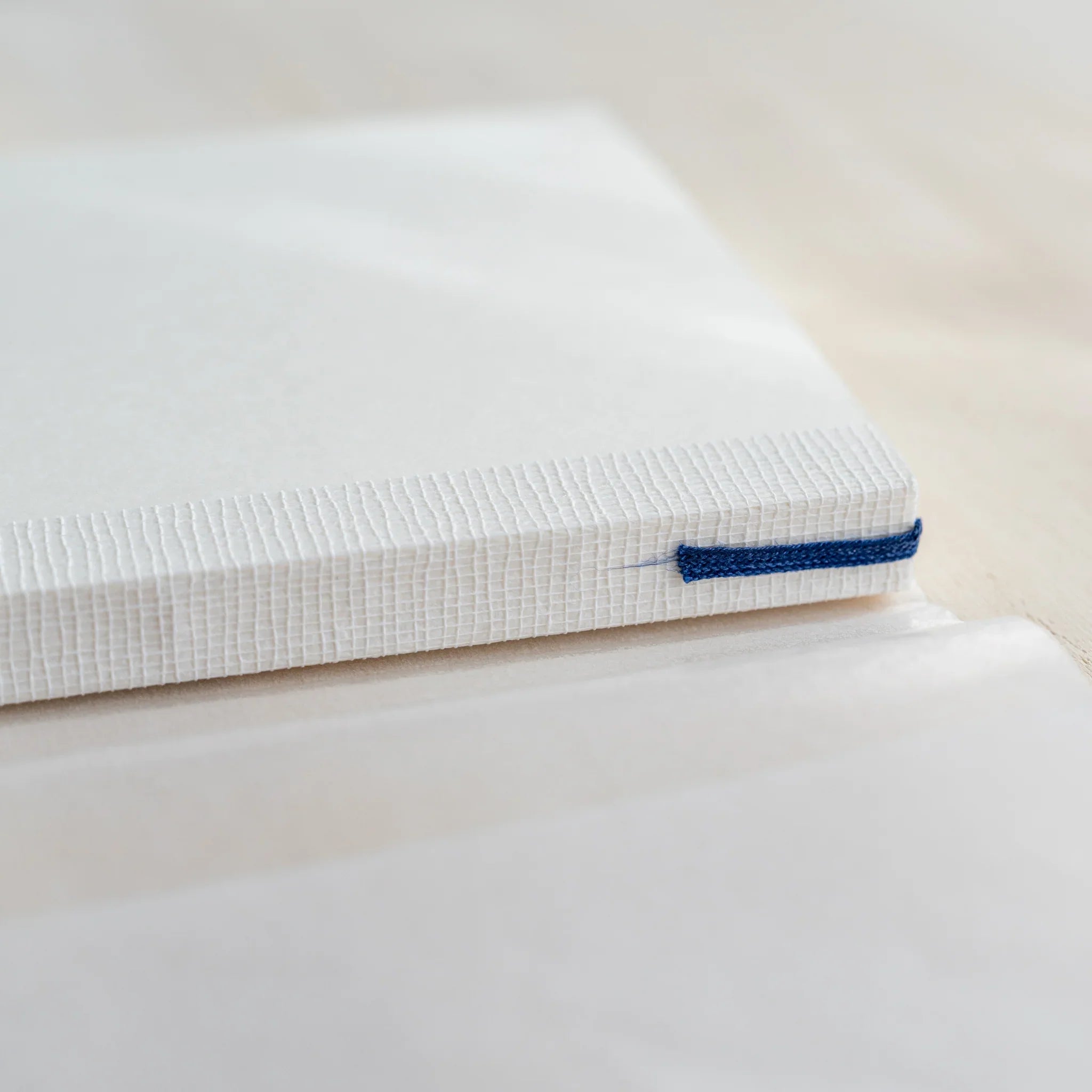 Close-up of Midori MD Notebook B6 Slim spine, white cloth binding texture, blue ribbon bookmark visible, ivory page edges
