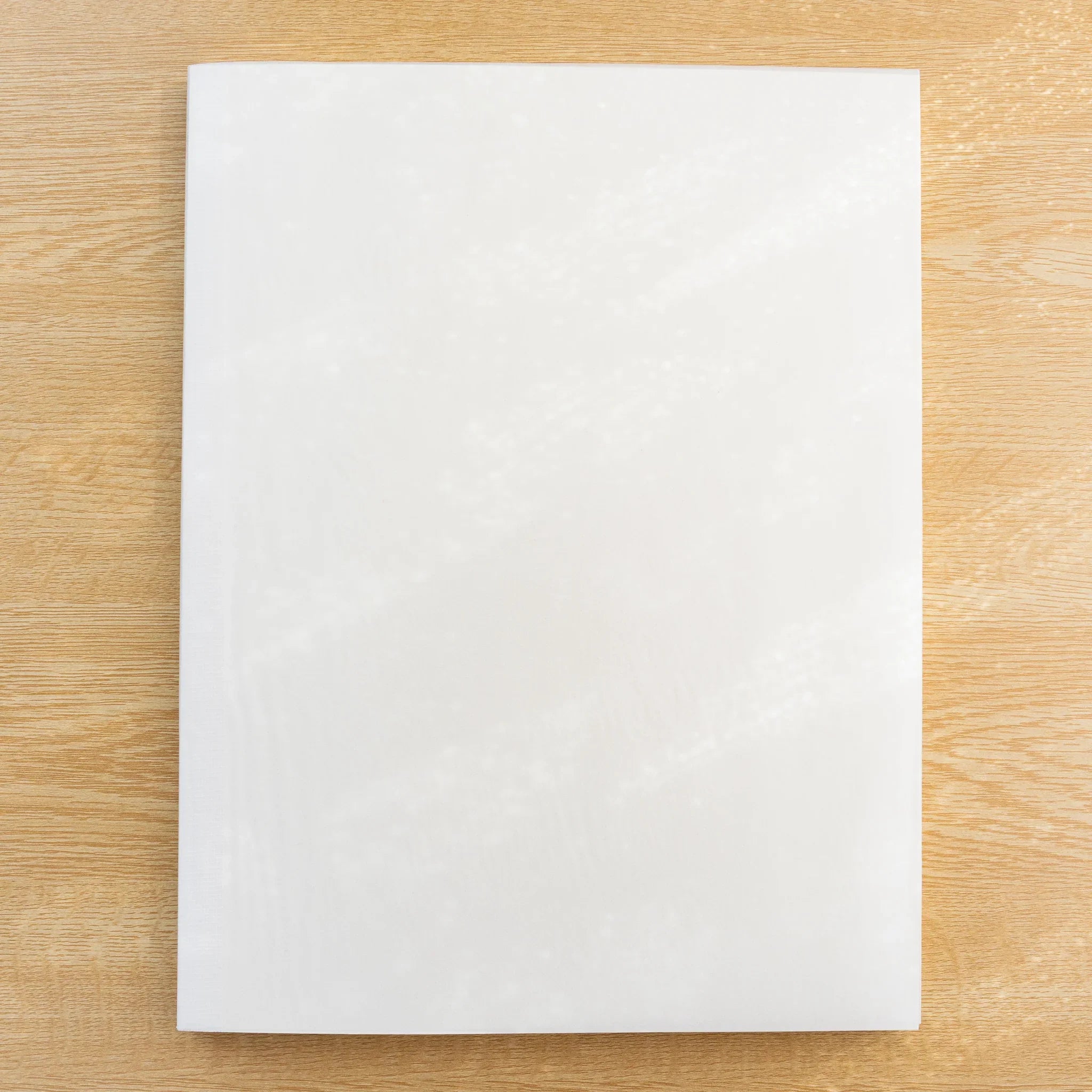 Midori MD Notebook Blank A4 Variant, plain cream paper cover without belly band, closed and upright on a wood desk