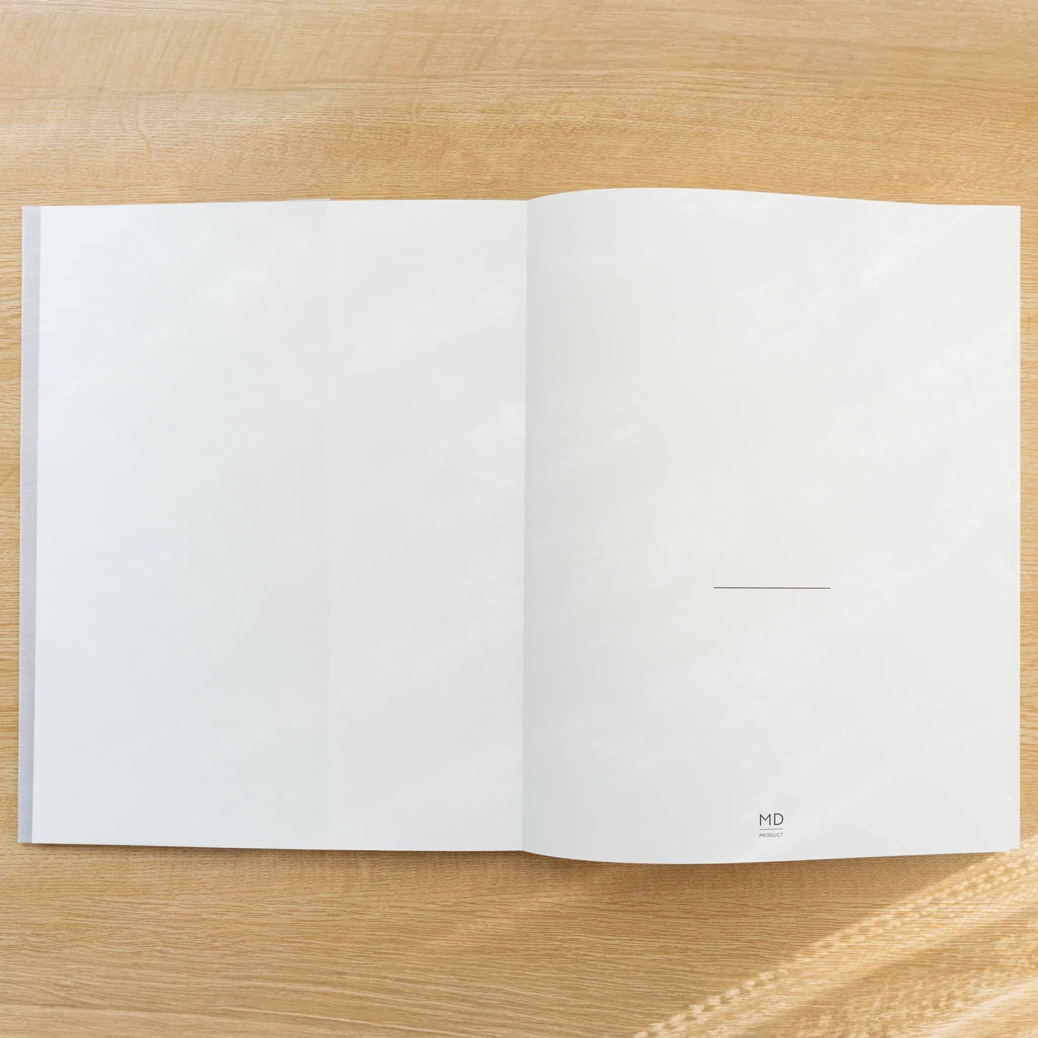 Midori MD Notebook Blank A4 Variant open flat, two blank cream MD paper pages with MD logo printed at lower center
