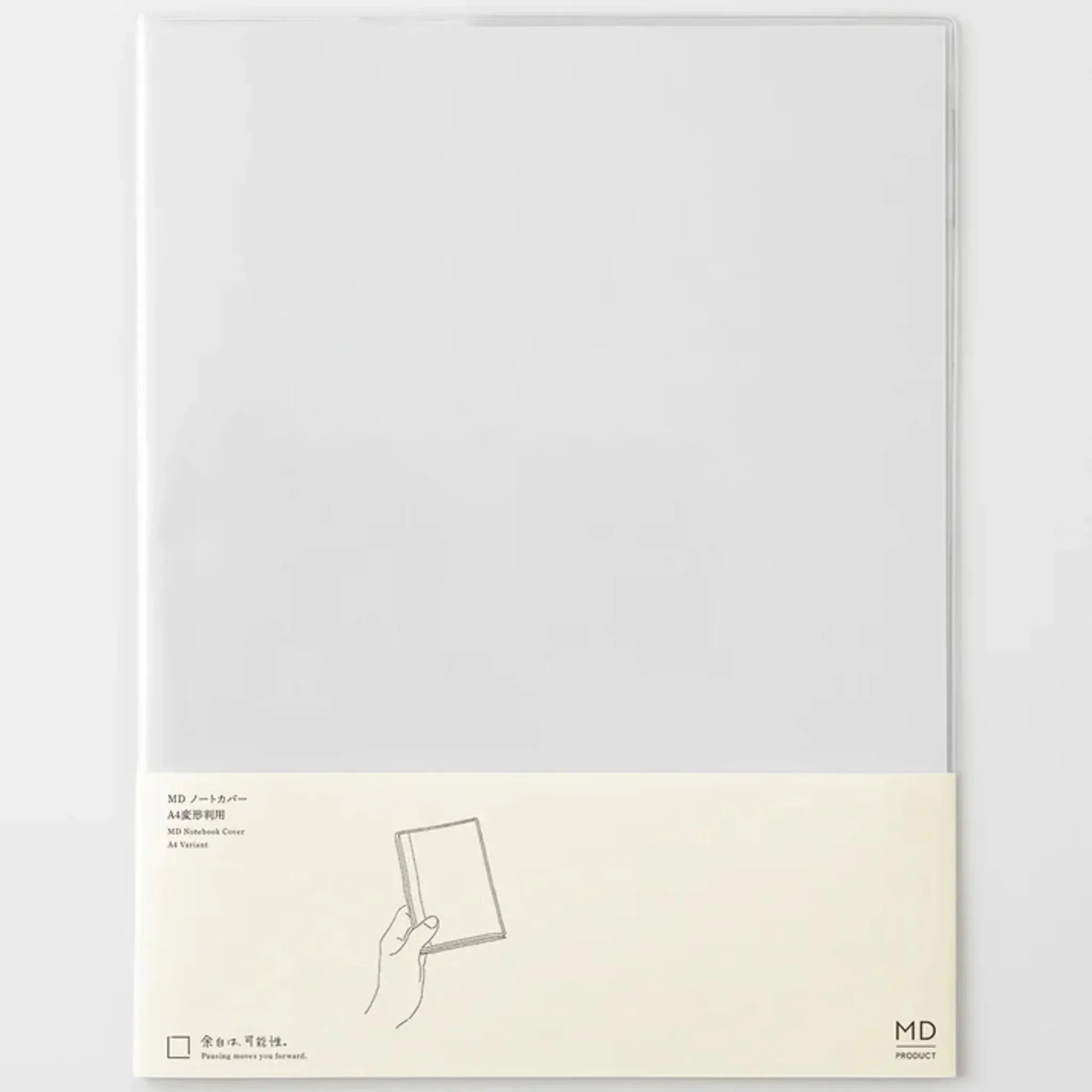 Clear plastic MD notebook cover A5 size showing transparent front with cream instruction panel showing cover design and page