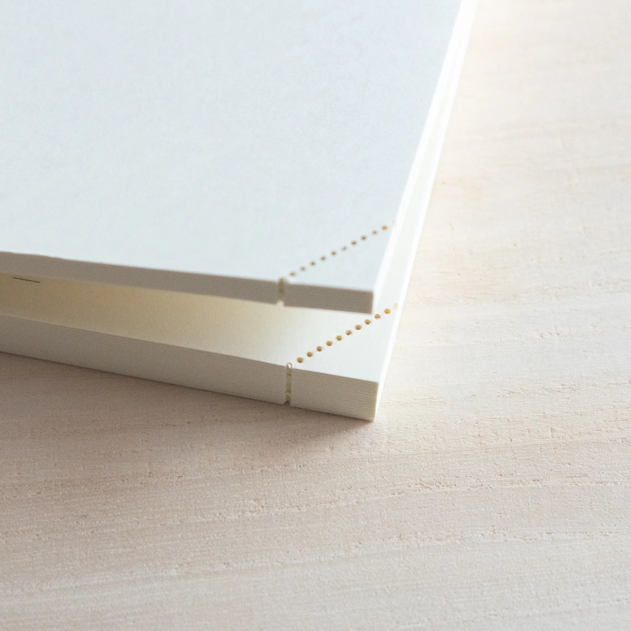 Angled close-up of two stacked Midori Japanese journals showing perforated corner dots on light wood.