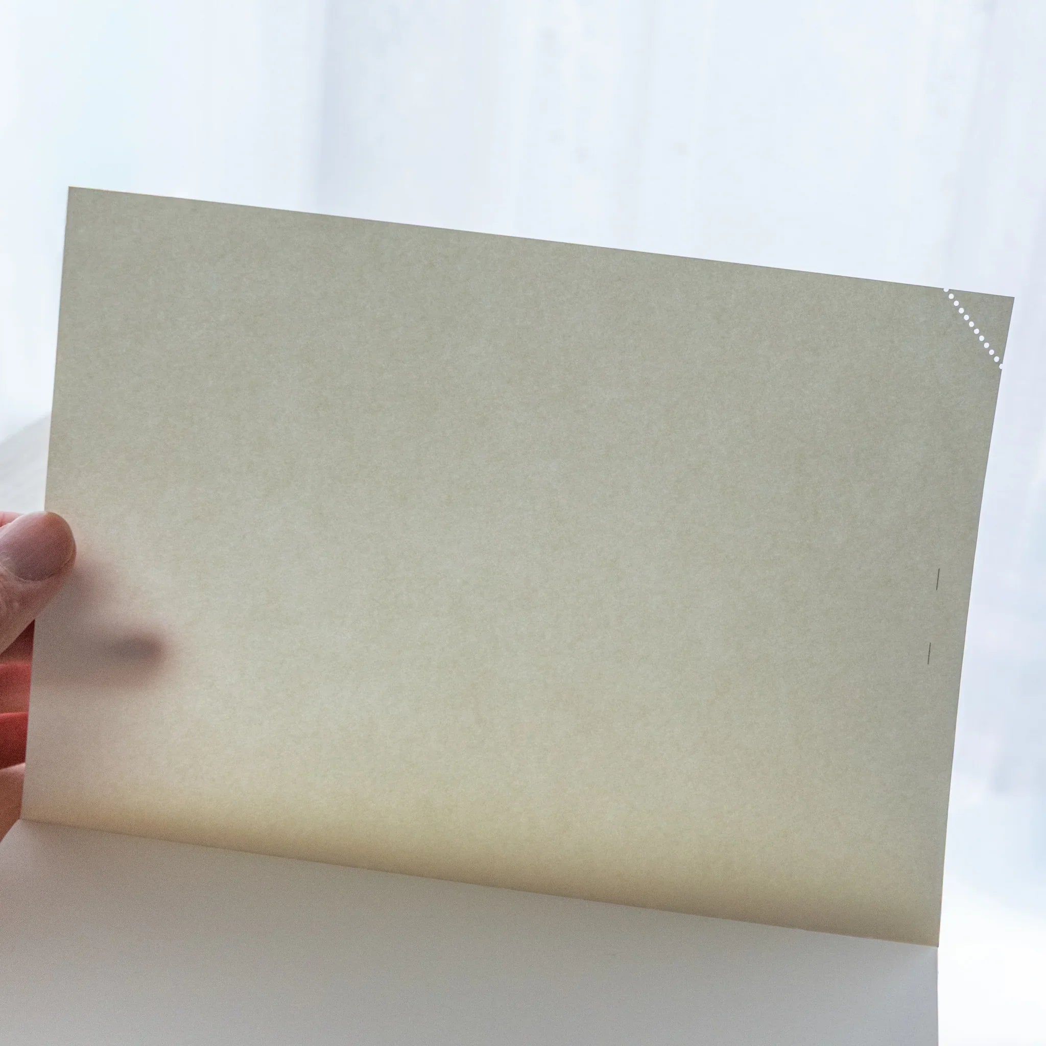 Hand lifting corner of Midori Japanese journal page with perforated line, revealing sheet beneath on wood.