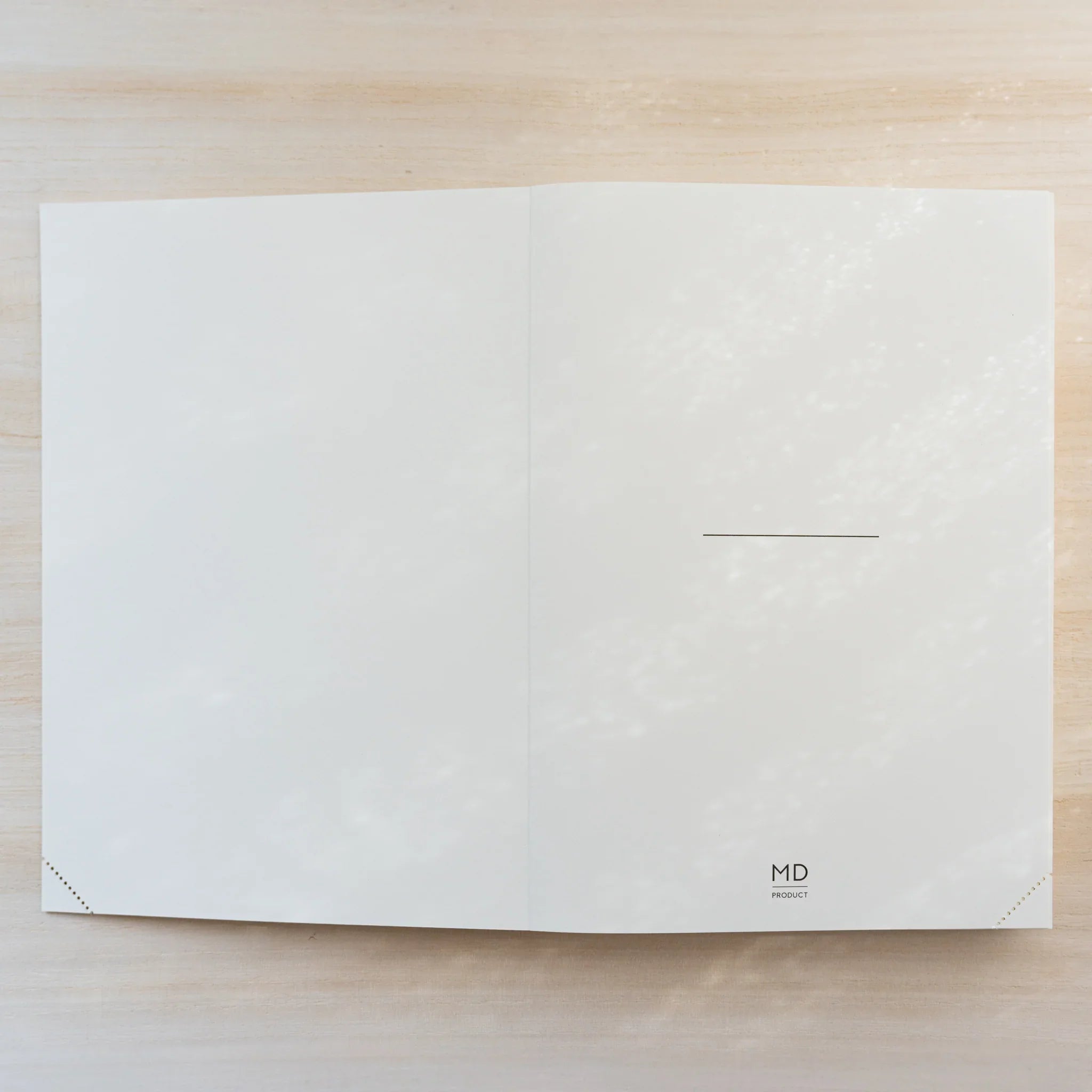 Midori MD Notebook Journal open flat to inside cover, blank cream pages with thin name line and MD Product logo