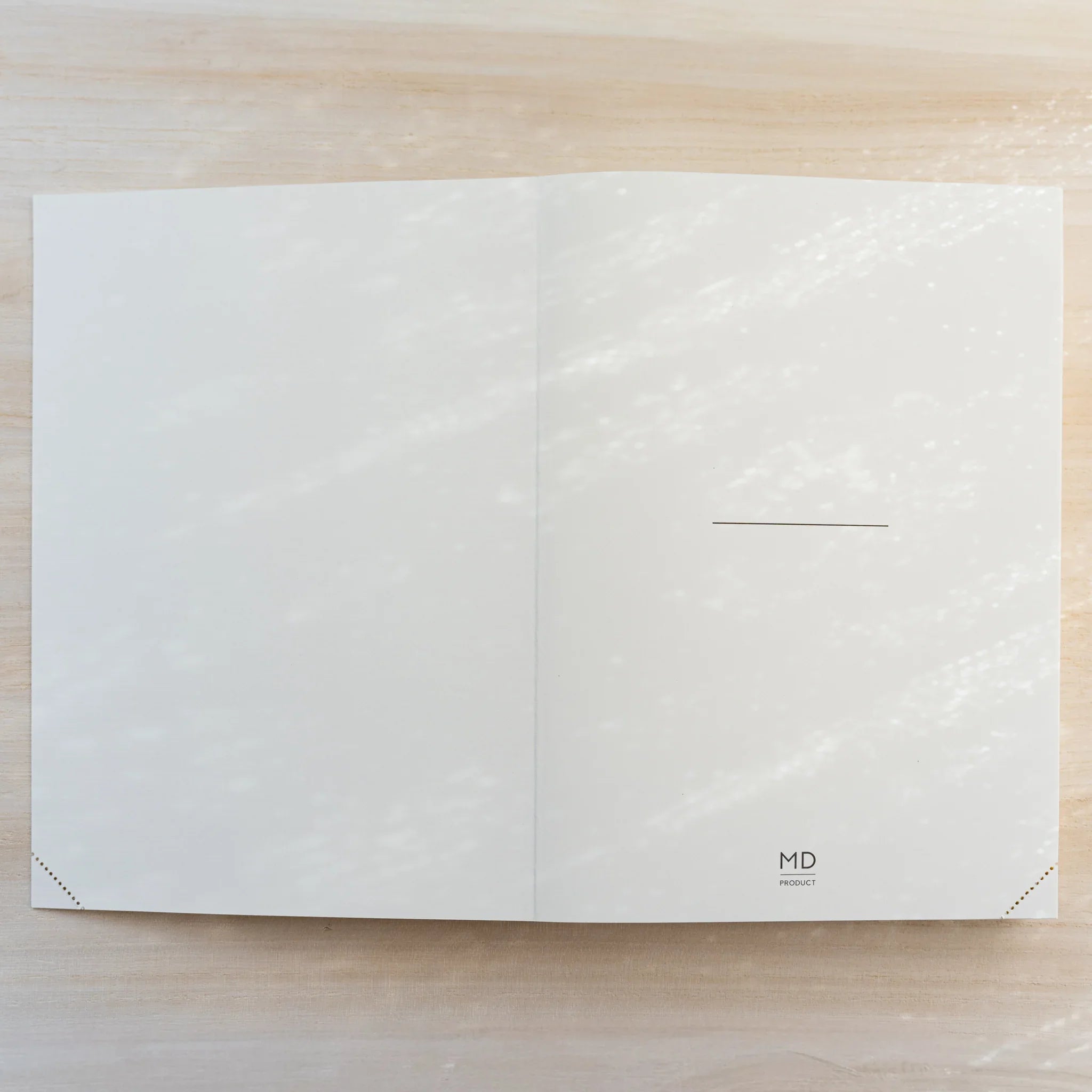 Midori MD Notebook open flat to inside cover, blank cream pages with thin name line and small MD Product logo