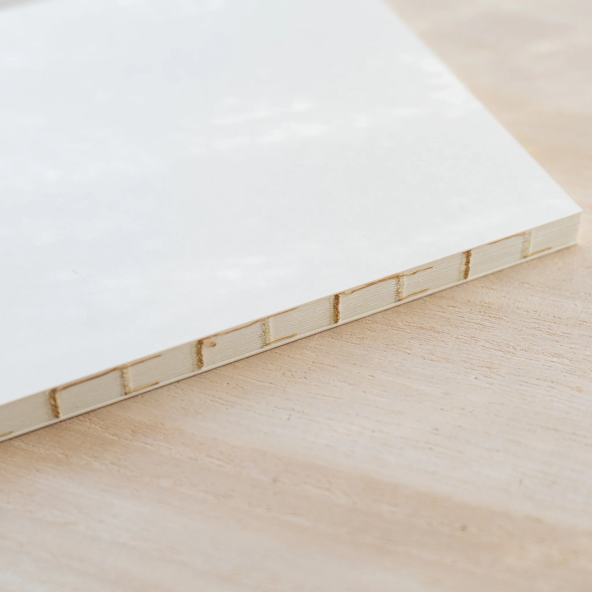Close-up of Midori MD Notebook Thick spine showing exposed beige cross-stitch thread codex binding