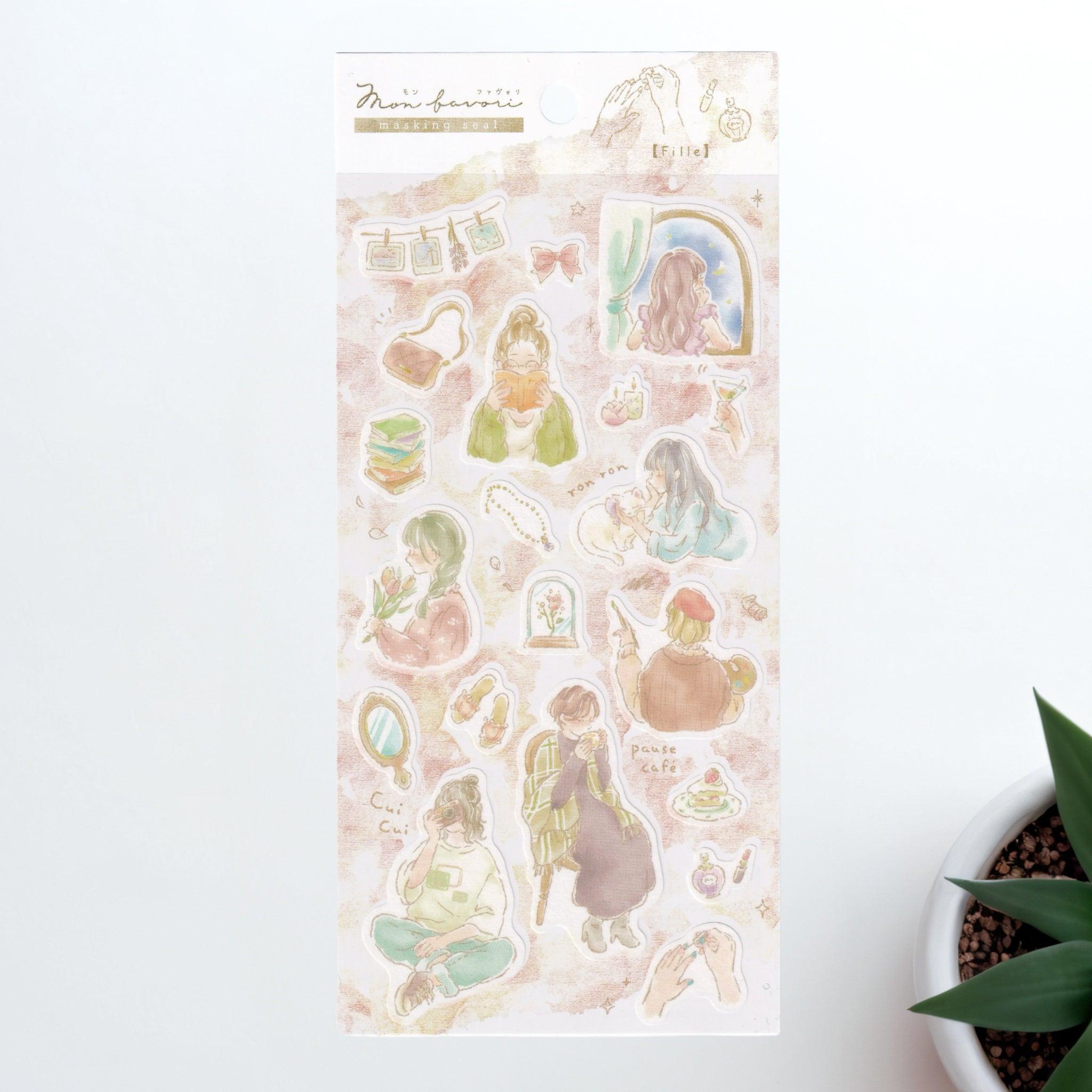 A Japanese stationery washi sticker sheet featuring cozy lifestyle-themed designs, including reading, flowers, coffee breaks, and quiet moments, in a soft watercolor style.