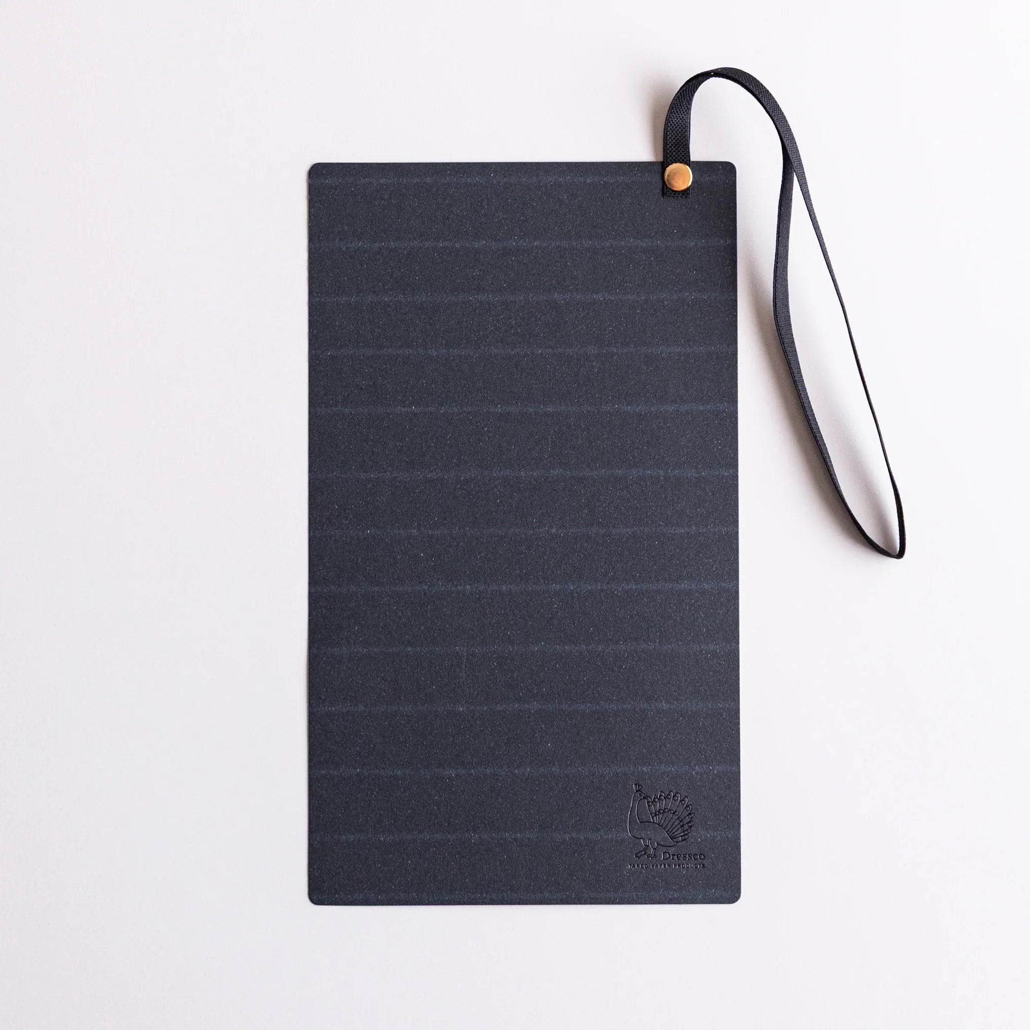 Dressco Sebiro Navy Blue bookmark band laid flat with elastic loop strap extended in a curved loop, showing striped pattern and gold stud.