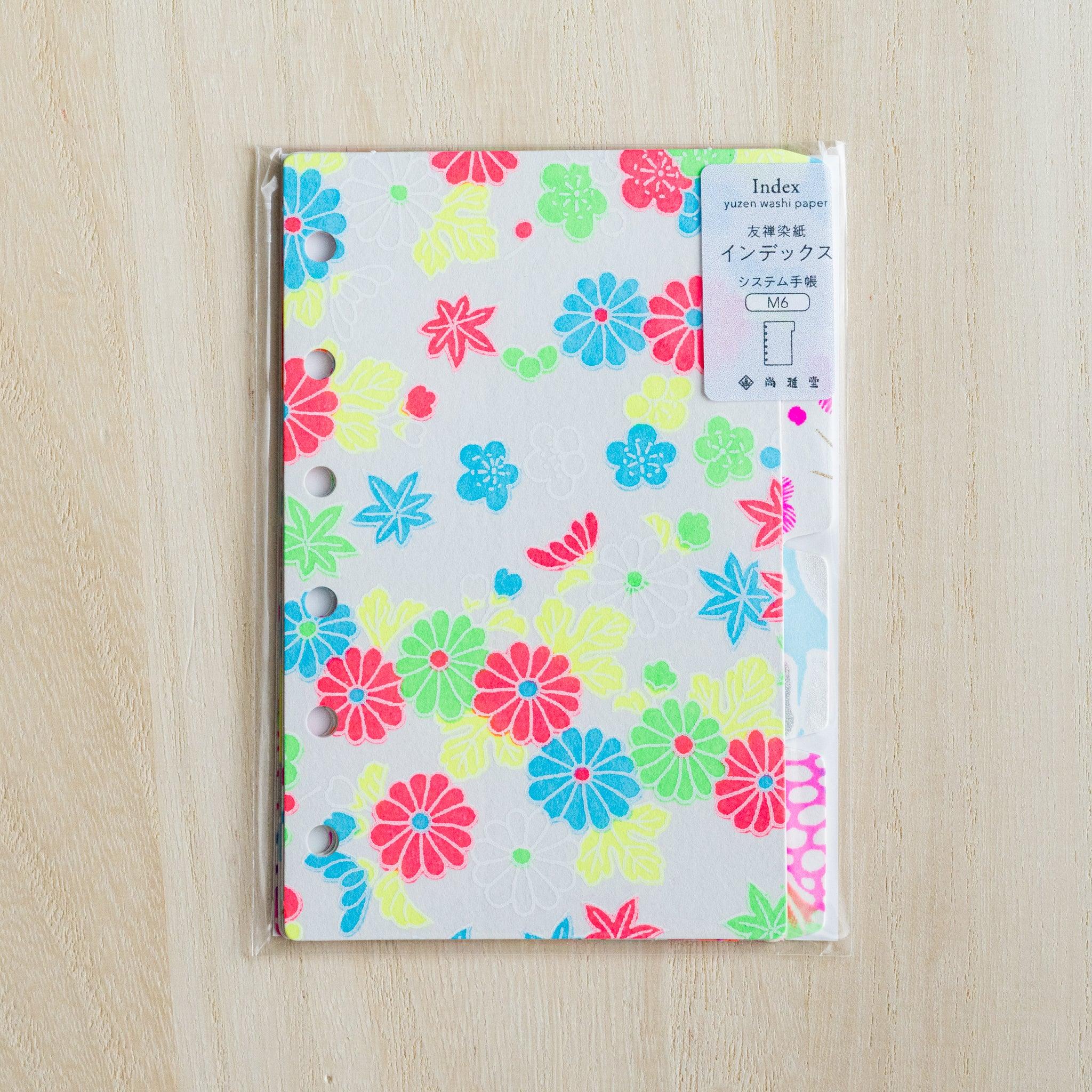 Neon Yuzen washi index divider set for Mini 6 in clear packaging with Japanese header label reading Index