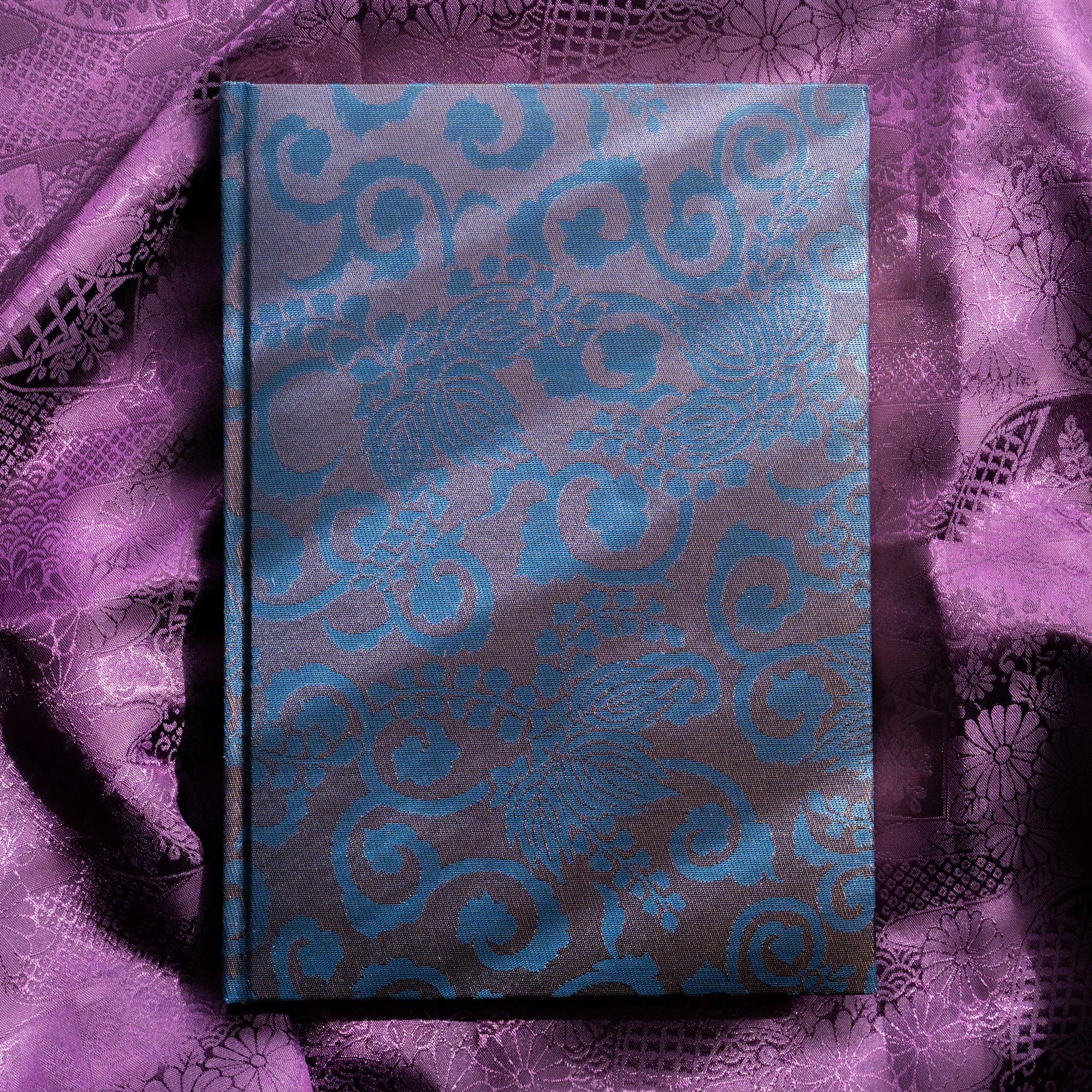 Oni Kiri Nishijin silk Homeicho notebook front cover without paper band on purple patterned fabric