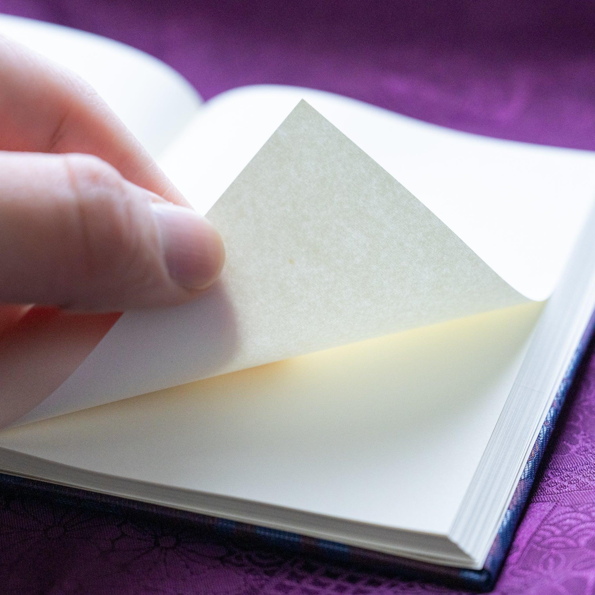 Hand flipping page of Oni Kiri Nishijin silk Homeicho notebook showing smooth cream Rough Cream paper texture and navy cover