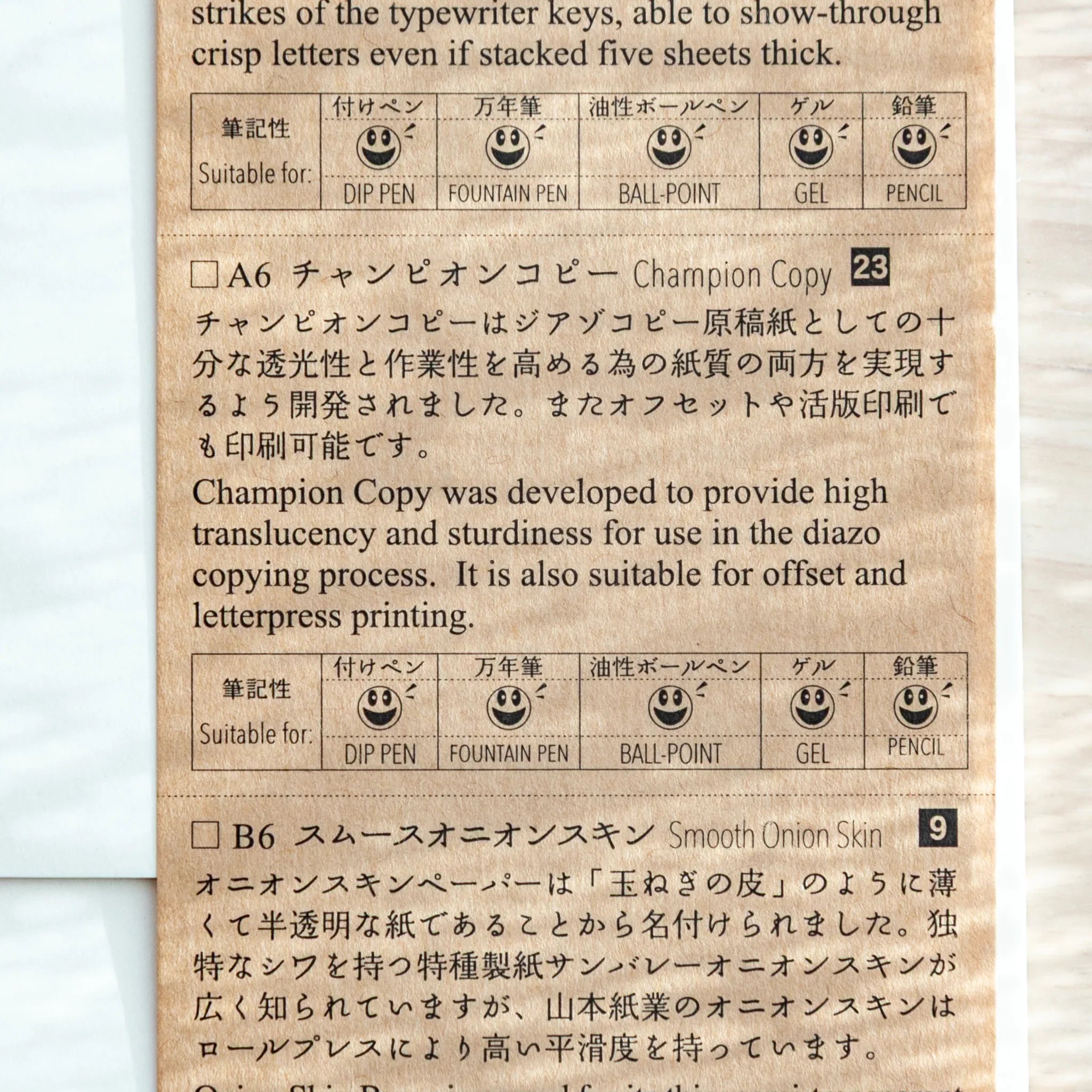A6 Champion Copy page, brown sheet showing Japanese Note Book details and pen suitability icons.