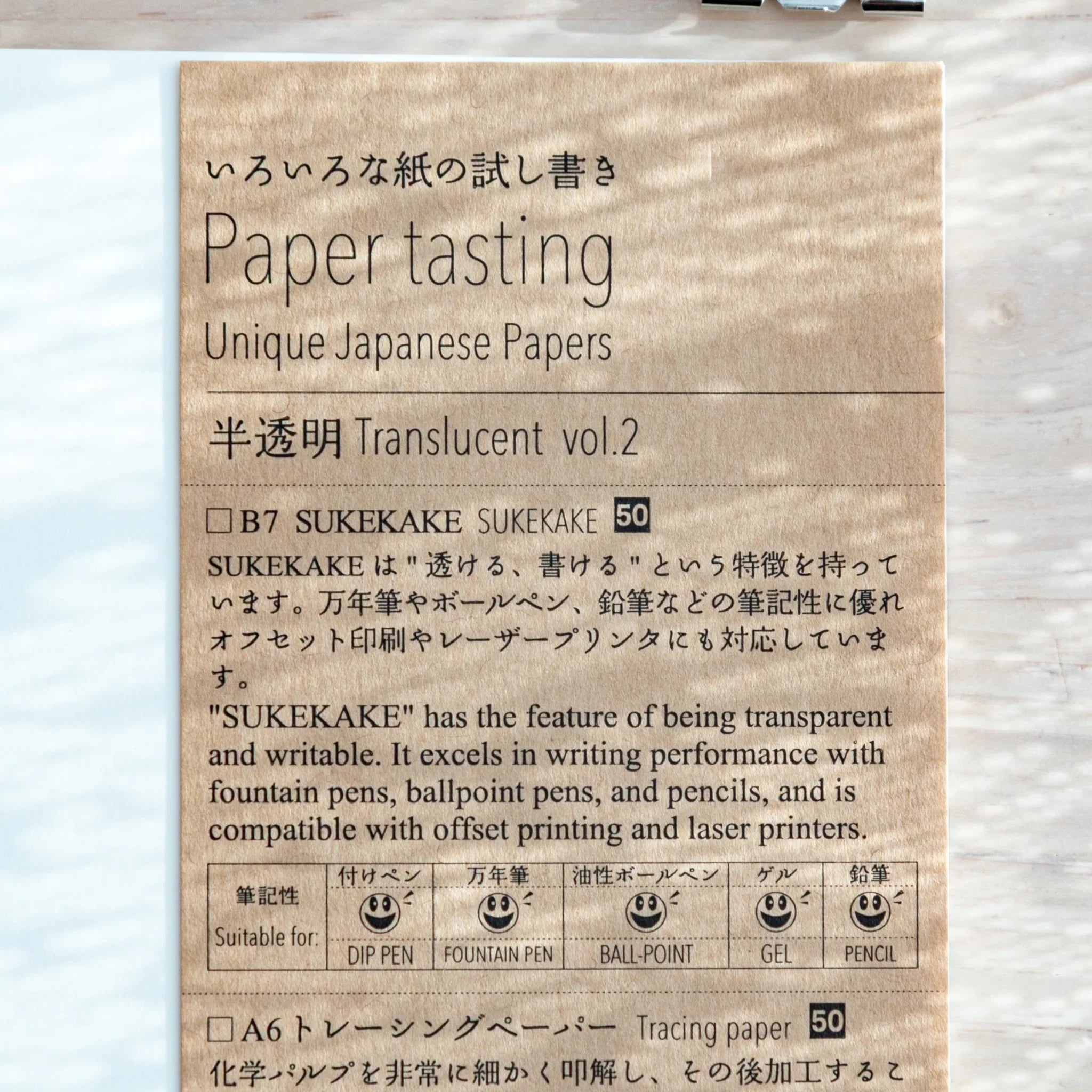 B7 Sukekake page from Paper Tasting Writing Pad Set, Japanese Translucent Paper vol.2, showing notebook details and pen icons.