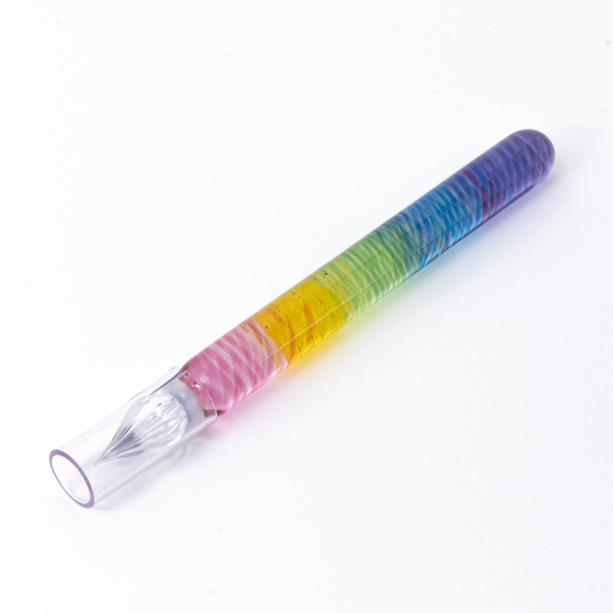 Short glass dip pen with vibrant rainbow colors and a spiral design, perfect for Japanese stationery enthusiasts, displayed on a clean white background.