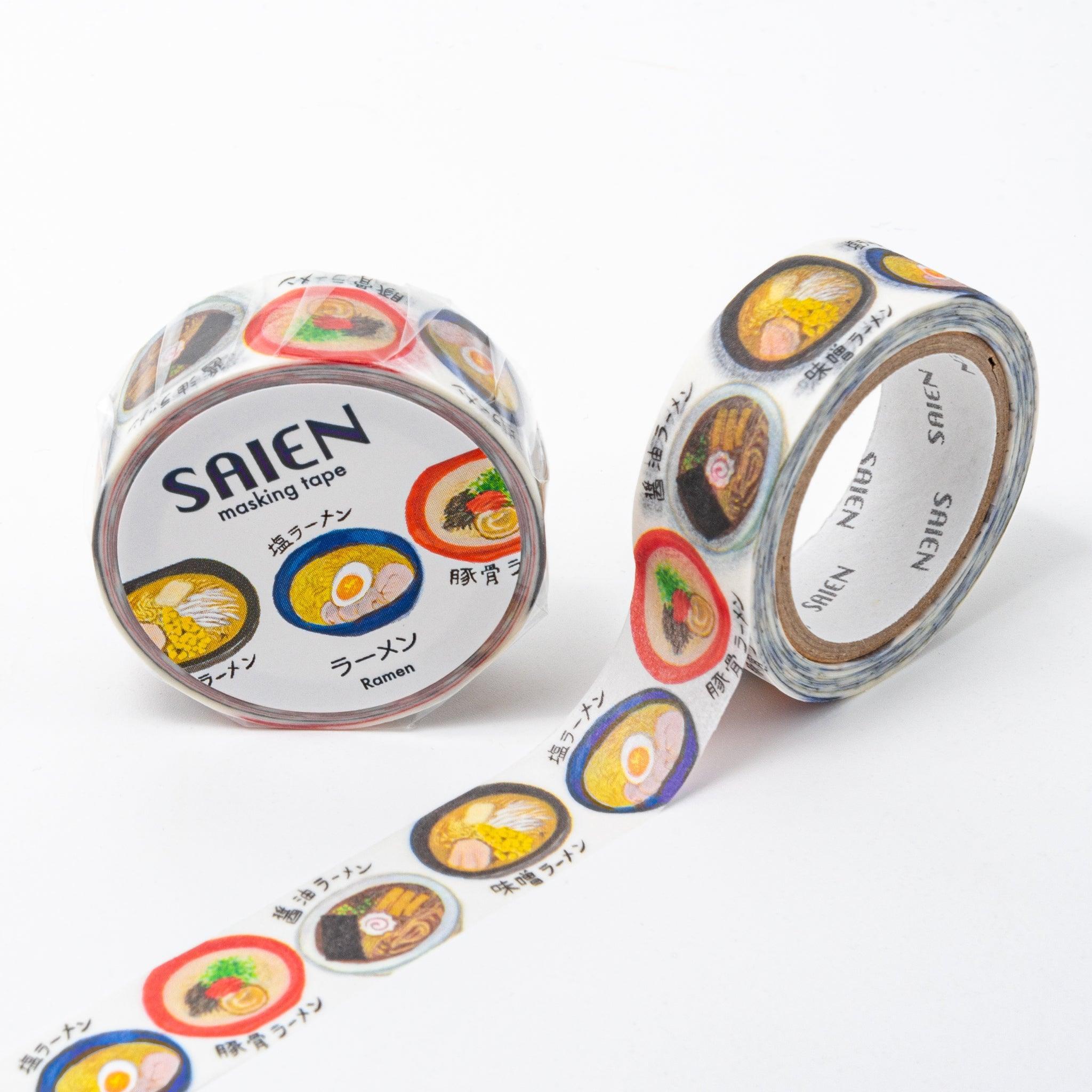 White washi tape from Japanese stationery brand SAIEN, featuring colorful illustrations of ramen varieties like shio, miso, tonkotsu, and shoyu ramen on a clean white background.  