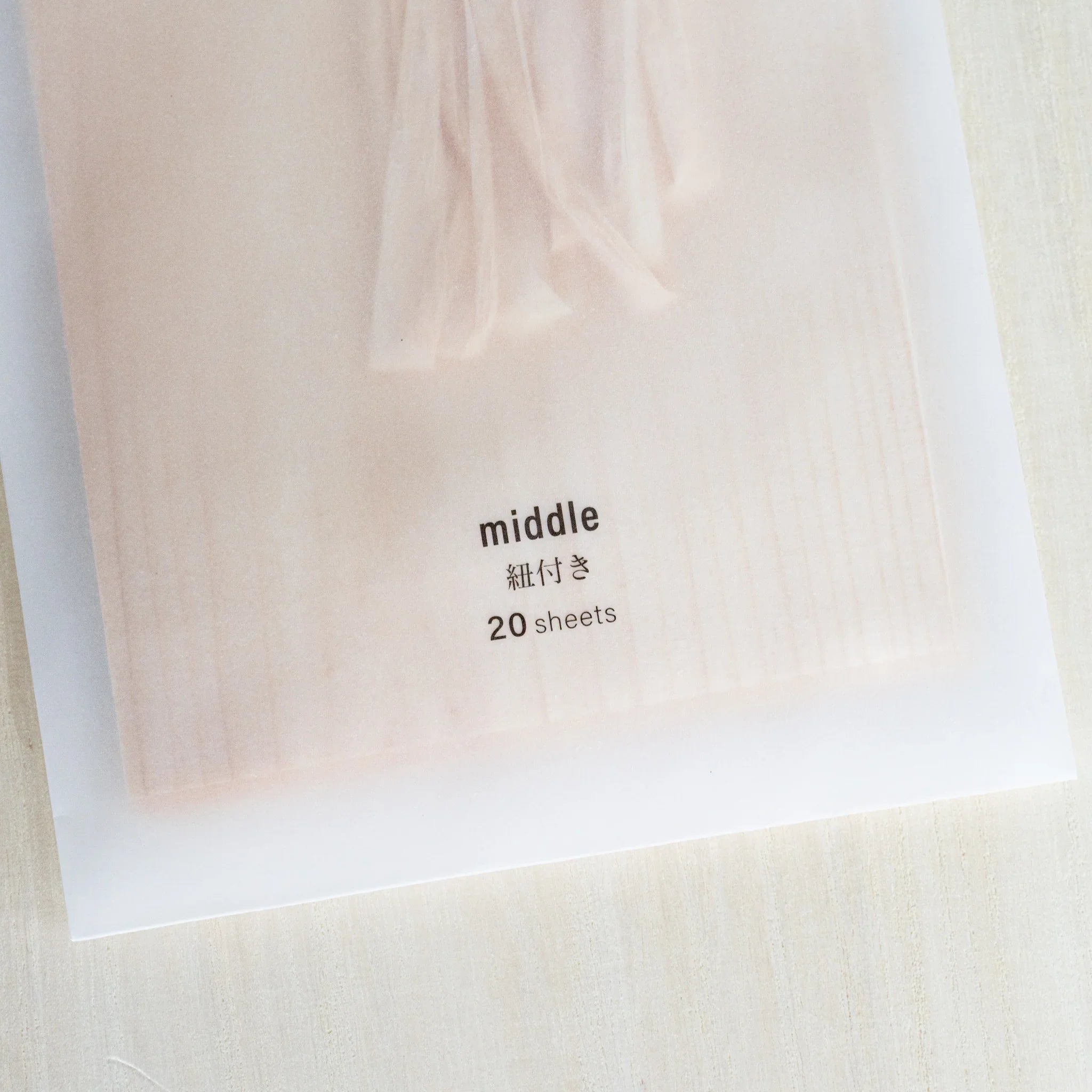 Close-up of package label reading middle, 20 sheets, Hinoki strings visible inside translucent sleeve