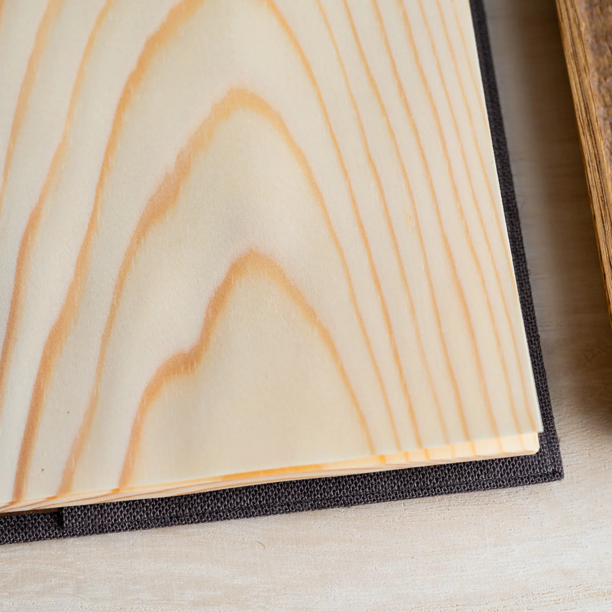 Close-up of a wood sheet page with arched grain pattern, dark brown cloth cover beneath