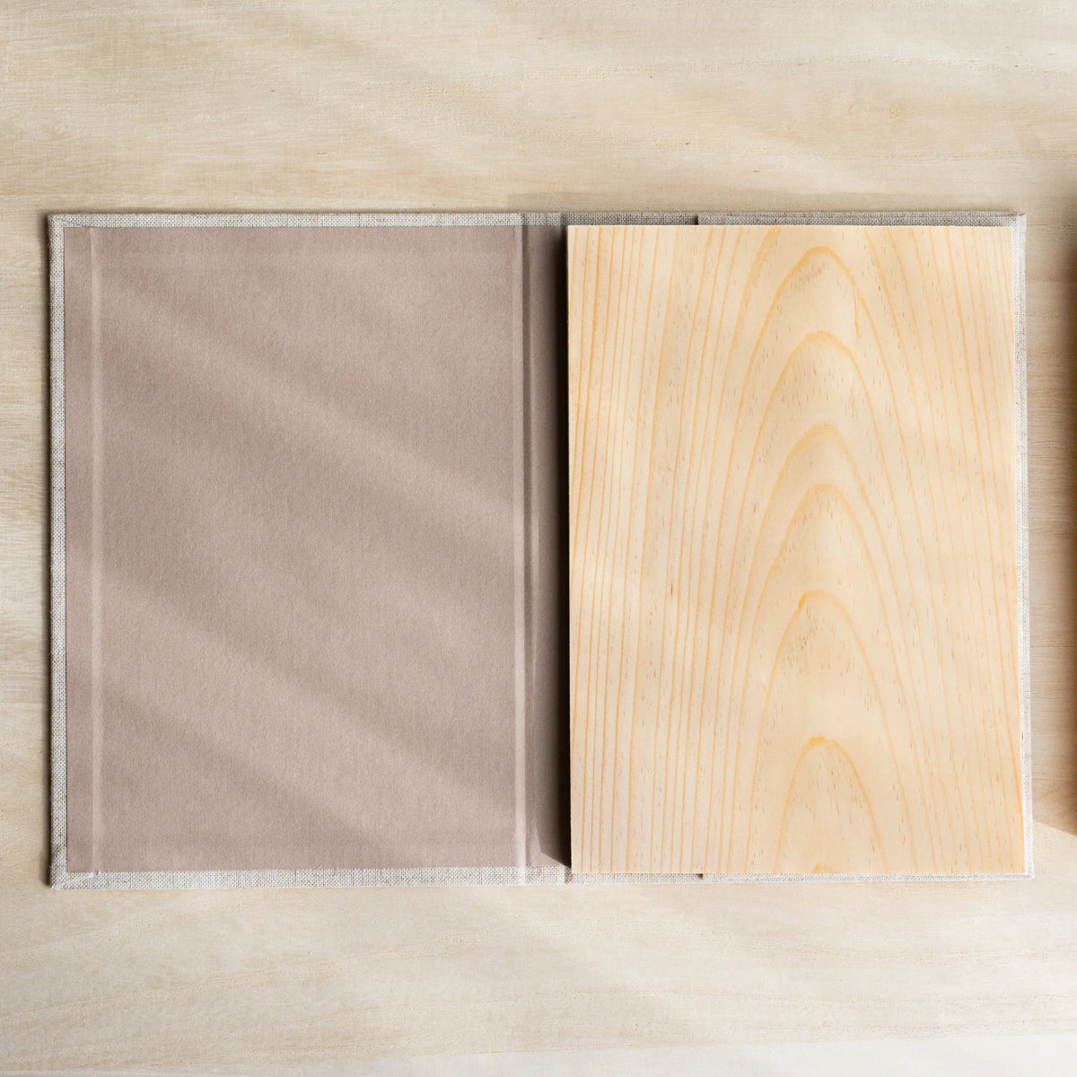 Red Pine Wooden Page Sketchbook Natural open, taupe inside cover on left, blank wood sheet page with grain on right