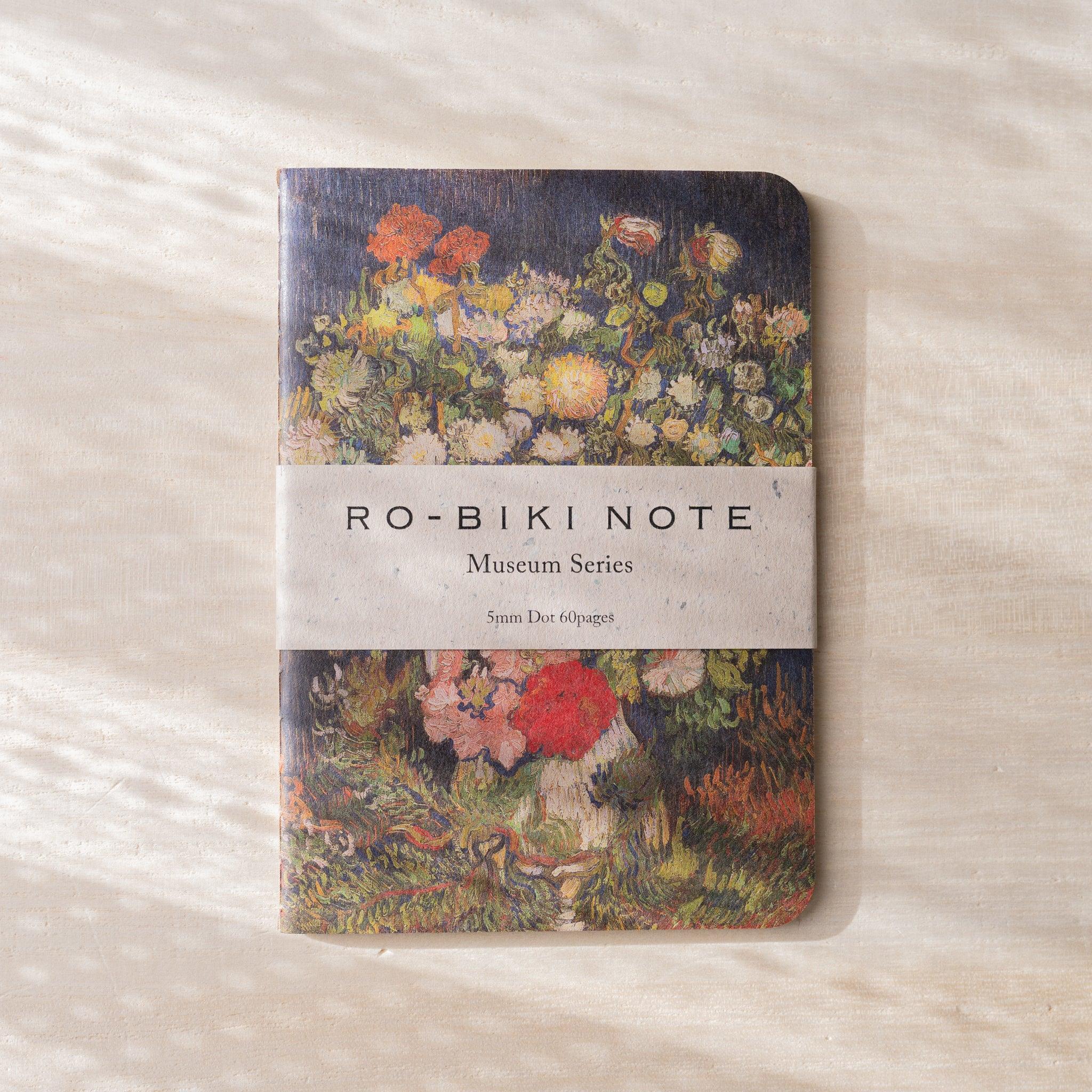 RO-BIKI NOTE Museum Series notebook with floral bouquet painting print on waxed cover, paper belly band