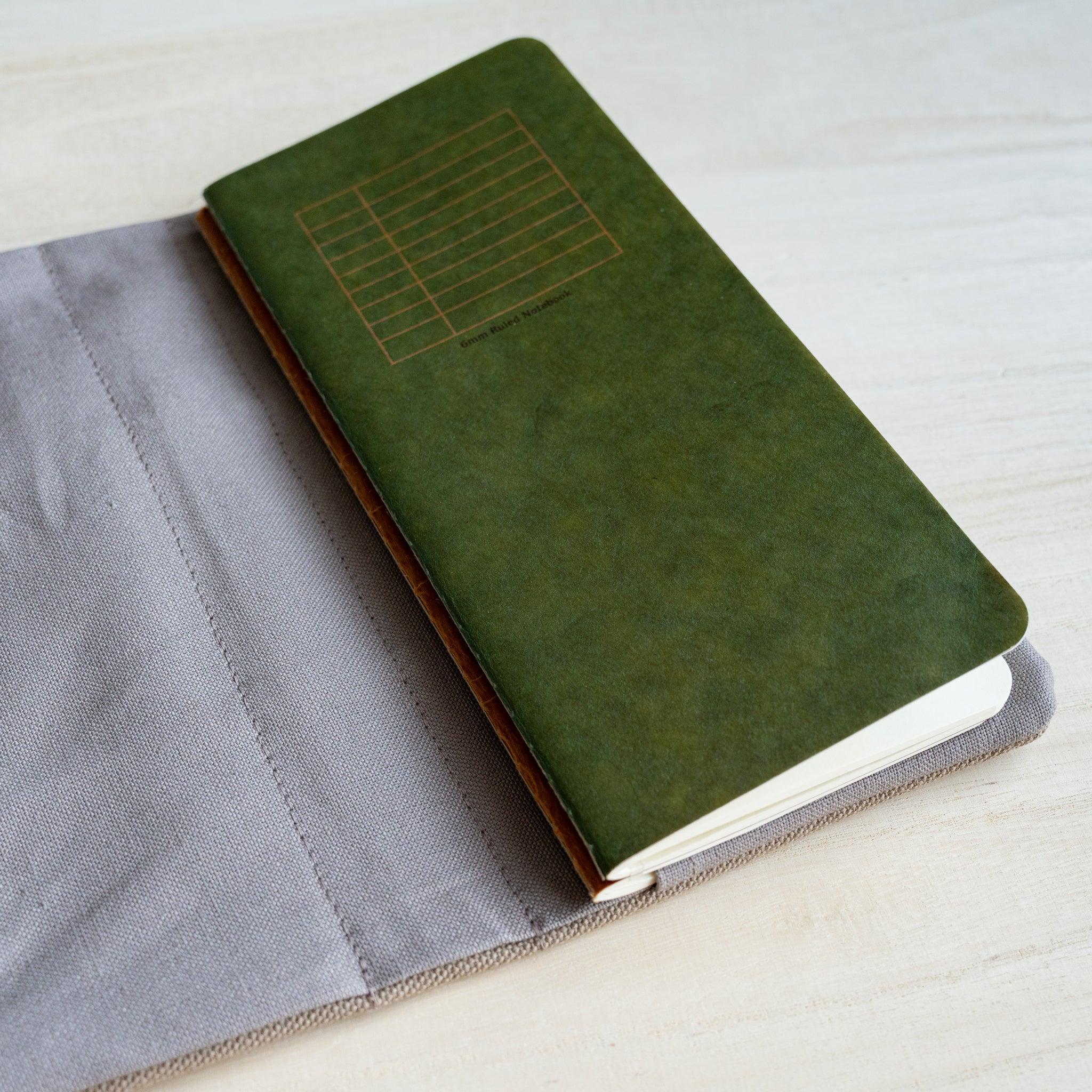 Green waxed RO-BIKI notebook with a printed table on the grey inner flap of the clay beige canvas cover