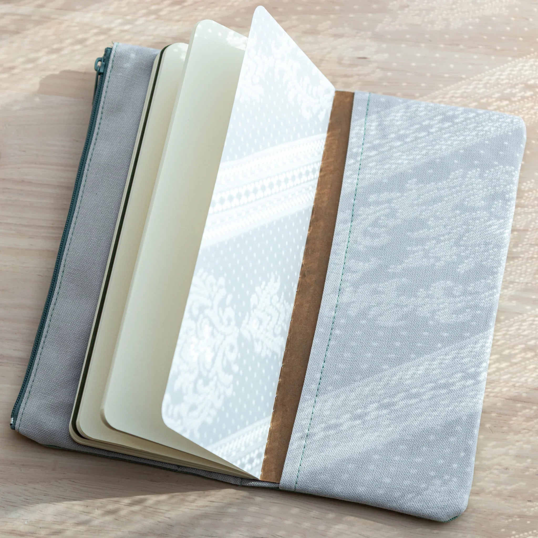 Japanese Note Book Cover RO-BIKI Canvas – Mint Green, inside view with notebook partially inserted.