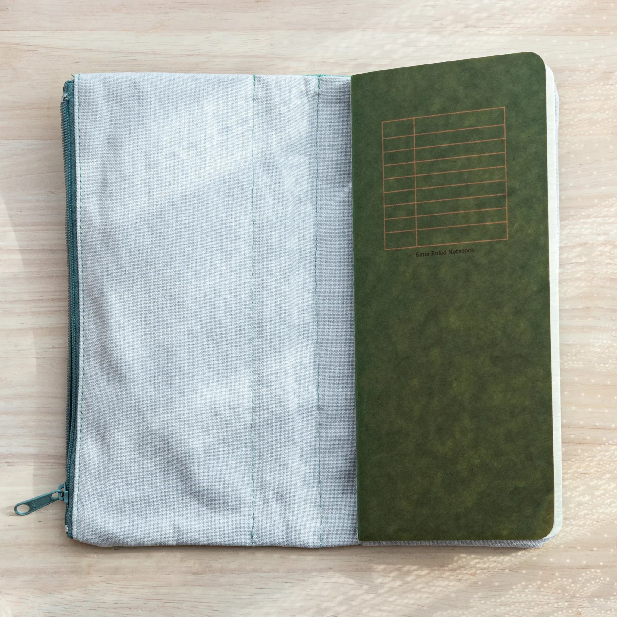Inside view of RO-BIKI Canvas Cover with Stationery Pocket – Mint Green, Japanese Note Book Cover with notebook.