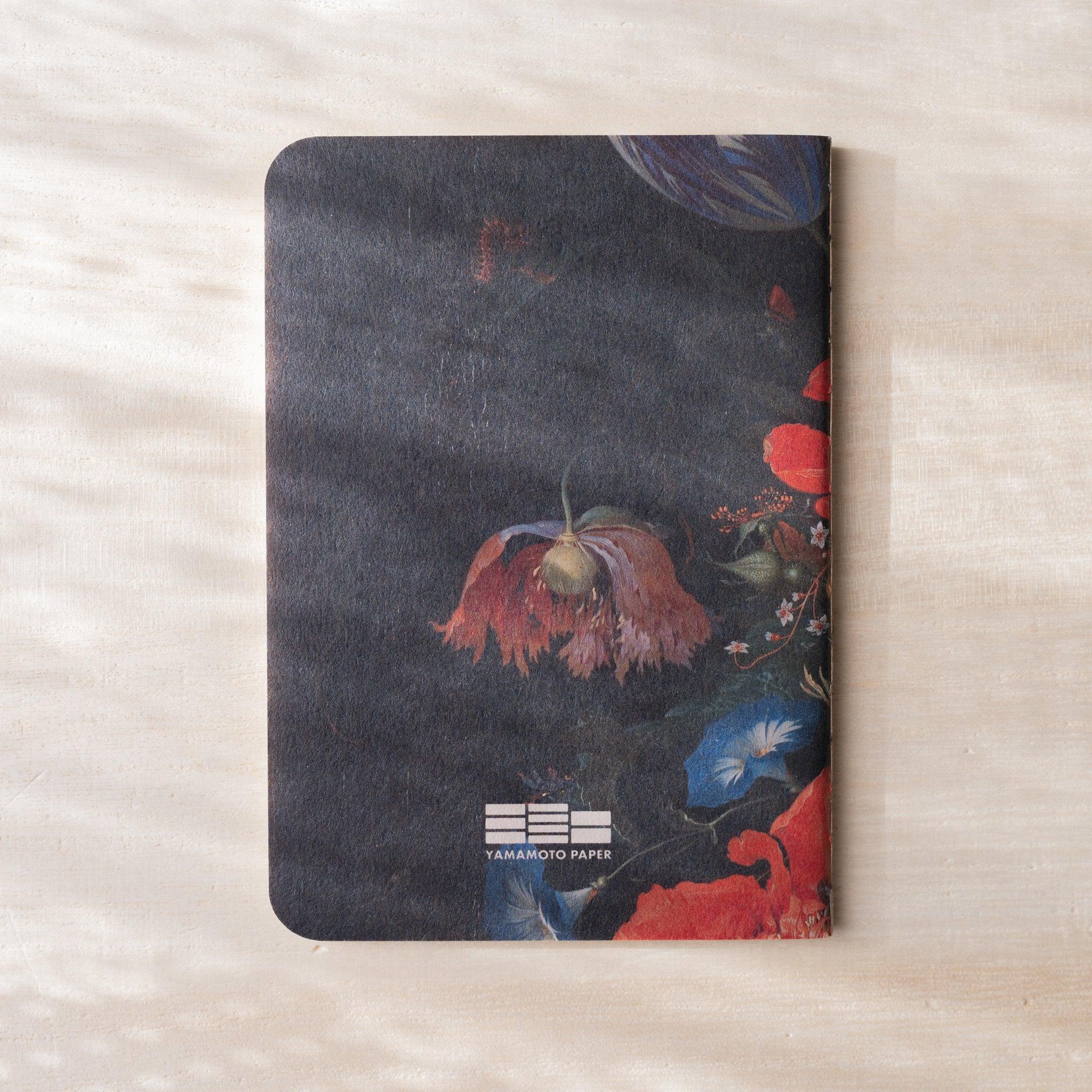 RO-BIKI NOTE Japanese notebook back cover, dark waxed cover with Dutch floral still life painting, Yamamoto Paper logo