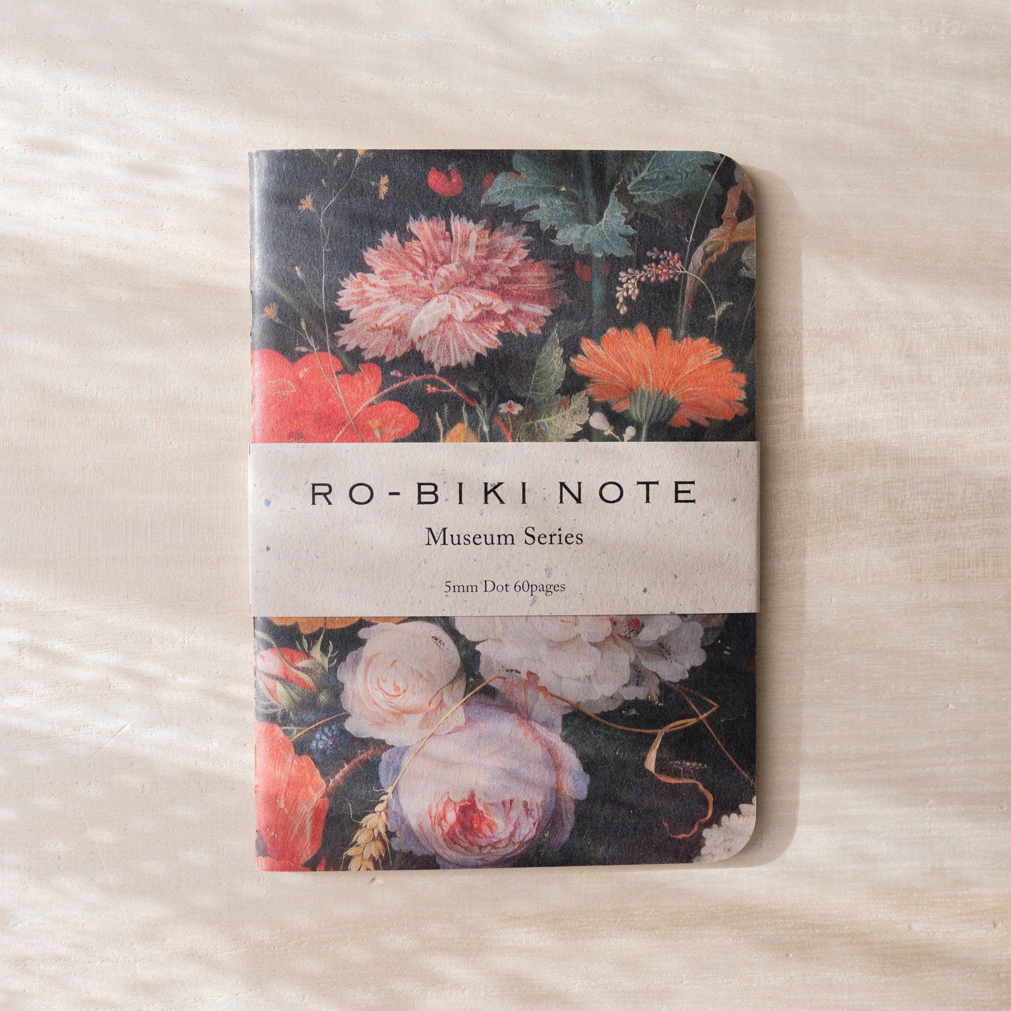 RO-BIKI NOTE Museum Series notebook, Dutch floral painting on dark waxed cover, pink and red flowers, paper belly band