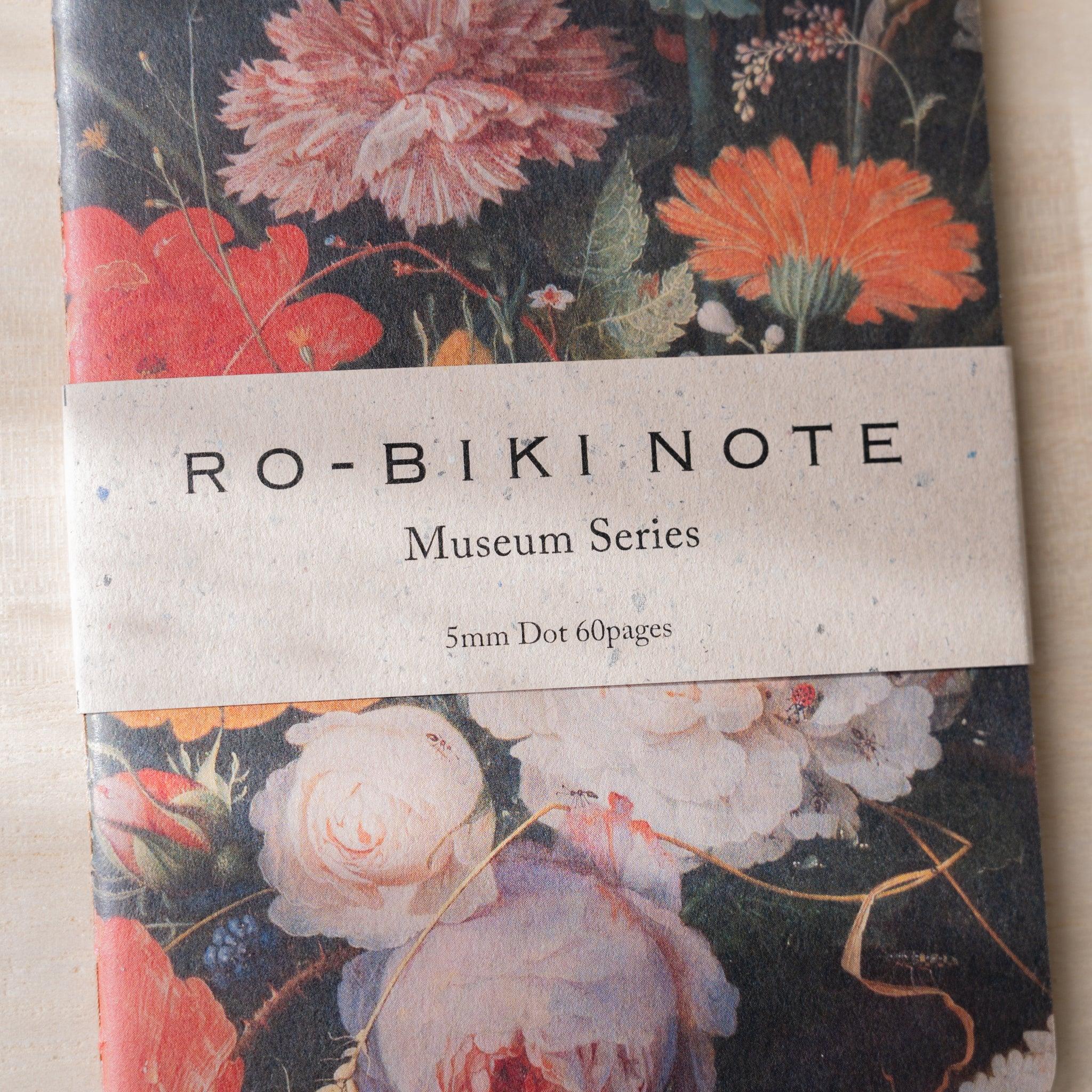 RO-BIKI NOTE Museum Series Japanese notebook, close-up of paper belly band reading 5mm Dot 60pages, Dutch floral cover