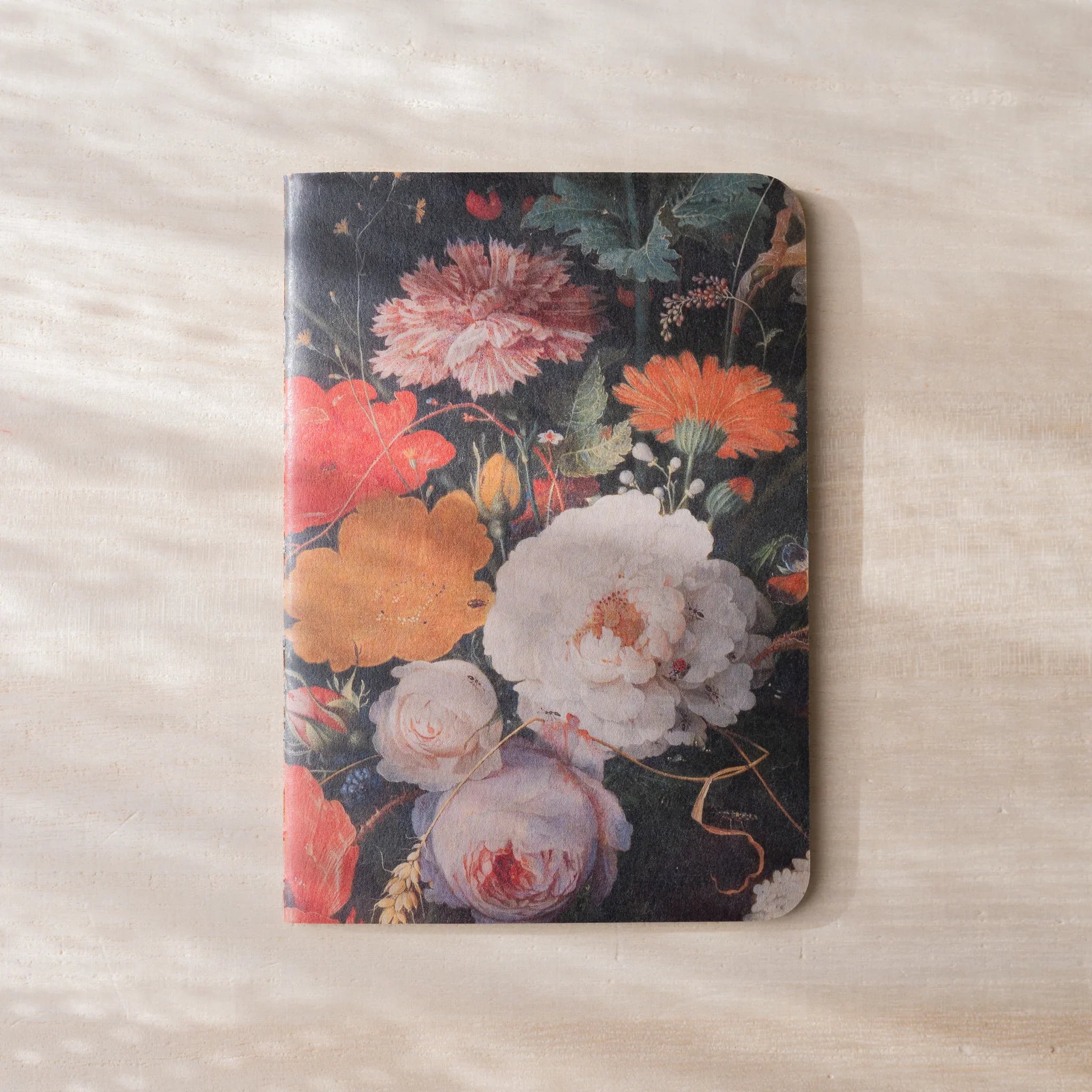 RO-BIKI NOTE Japanese notebook, Museum Series waxed cover, Dutch floral painting, pink roses and orange flowers