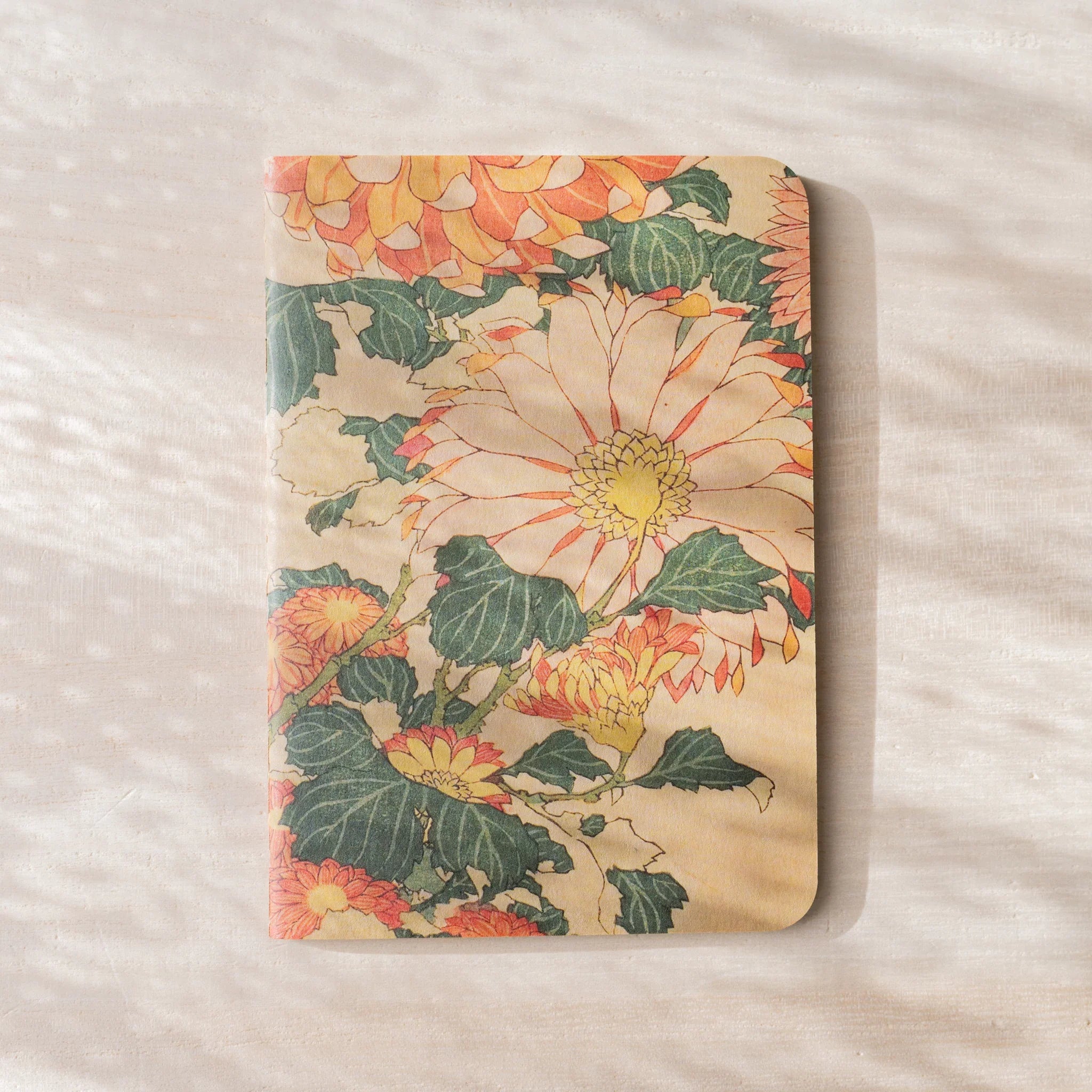 RO-BIKI NOTE Museum Series waxed cover with Japanese chrysanthemum painting, orange, yellow, and white flowers, no belly band