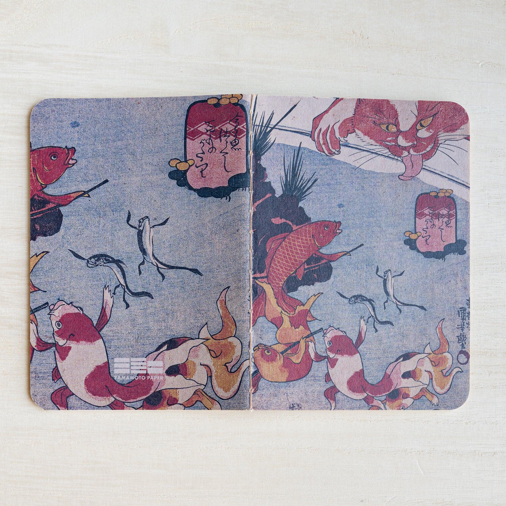 RO-BIKI Kingyo Goldfish notebook opened flat showing the goldfish and cat print across front and back covers