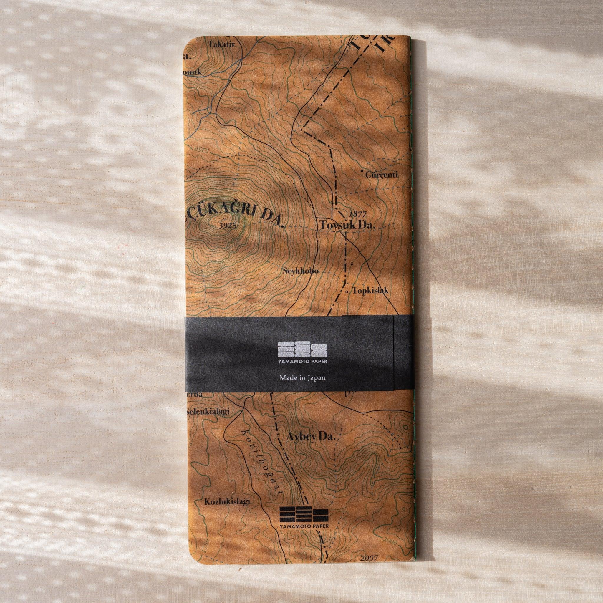 RO-BIKI NOTE Topographical Map notebook with Yamamoto Paper belly band label, Made in Japan wax-coated cover