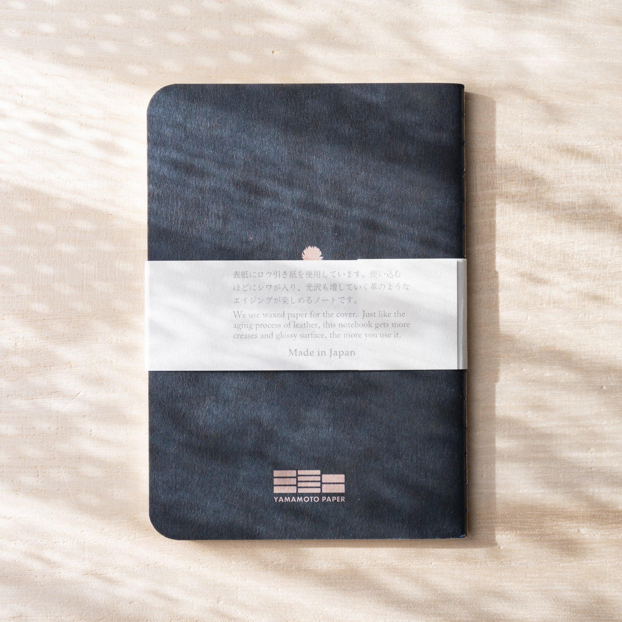 RO-BIKI NOTE Japanese notebook back cover, dark navy waxed cover, belly band with Made in Japan text, Yamamoto Paper logo