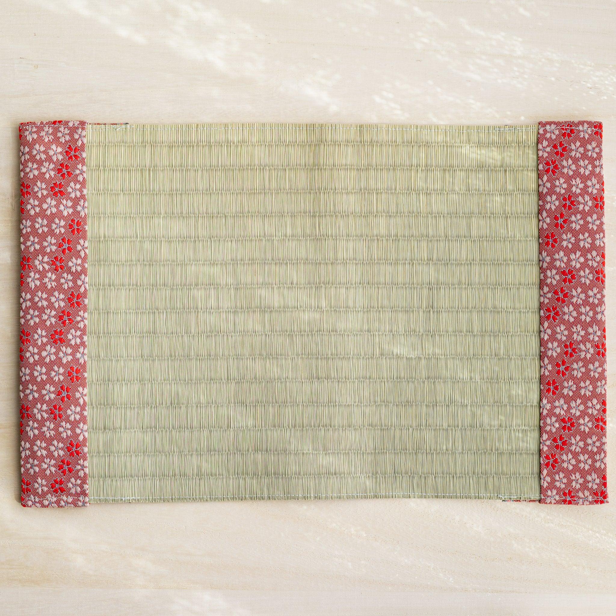 Sakura tatami book cover unfolded flat, outer side up, rush straw center with blossom fabric flaps at both ends