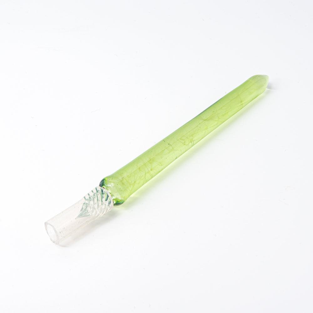 Simple green glass pen with clear swirling nib, placed on a clean white background. Its elegant and sleek design catches the light.