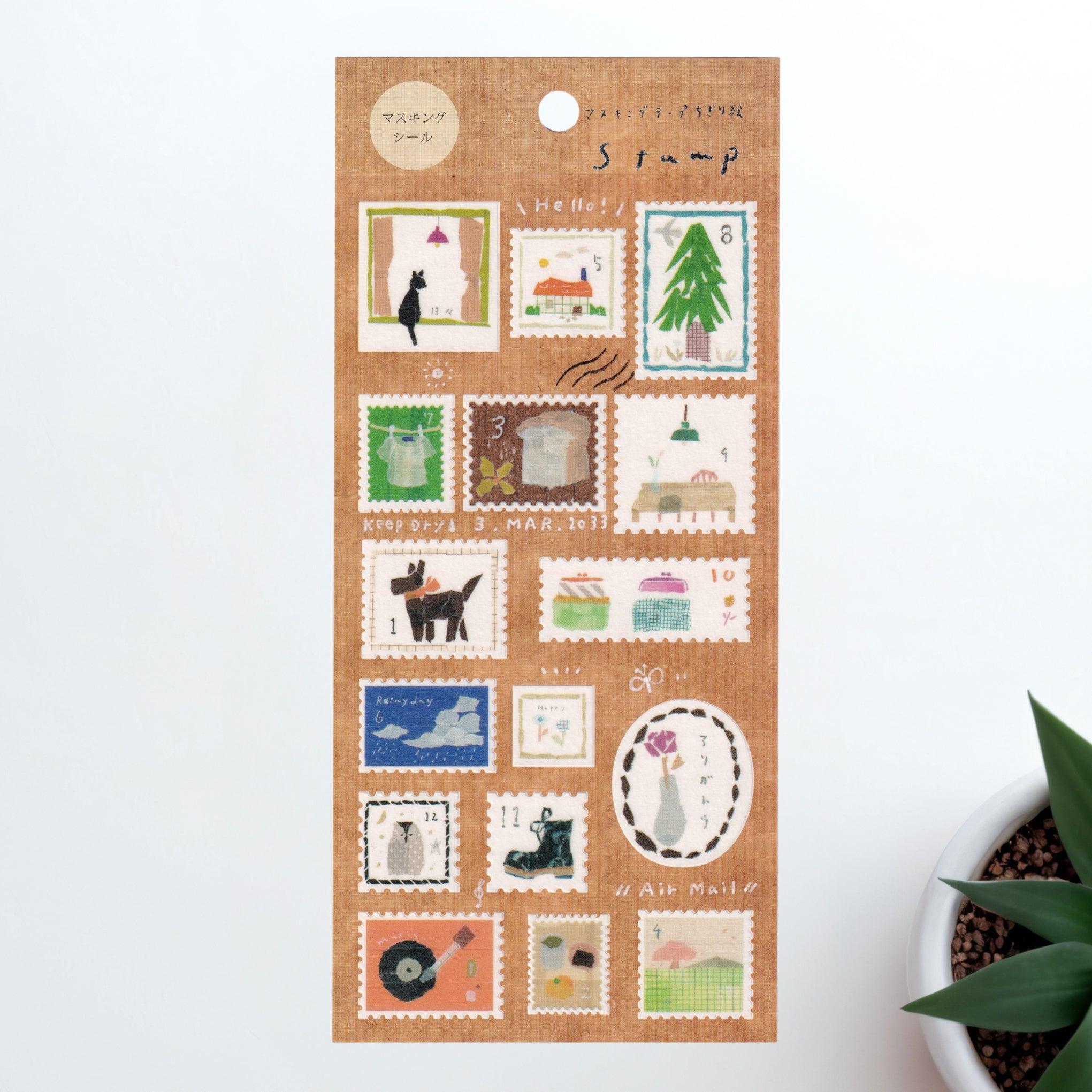 A Japanese stationery washi sticker sheet featuring vintage stamp-themed designs, including letters, animals, flowers, and travel-inspired motifs, in a nostalgic watercolor style.