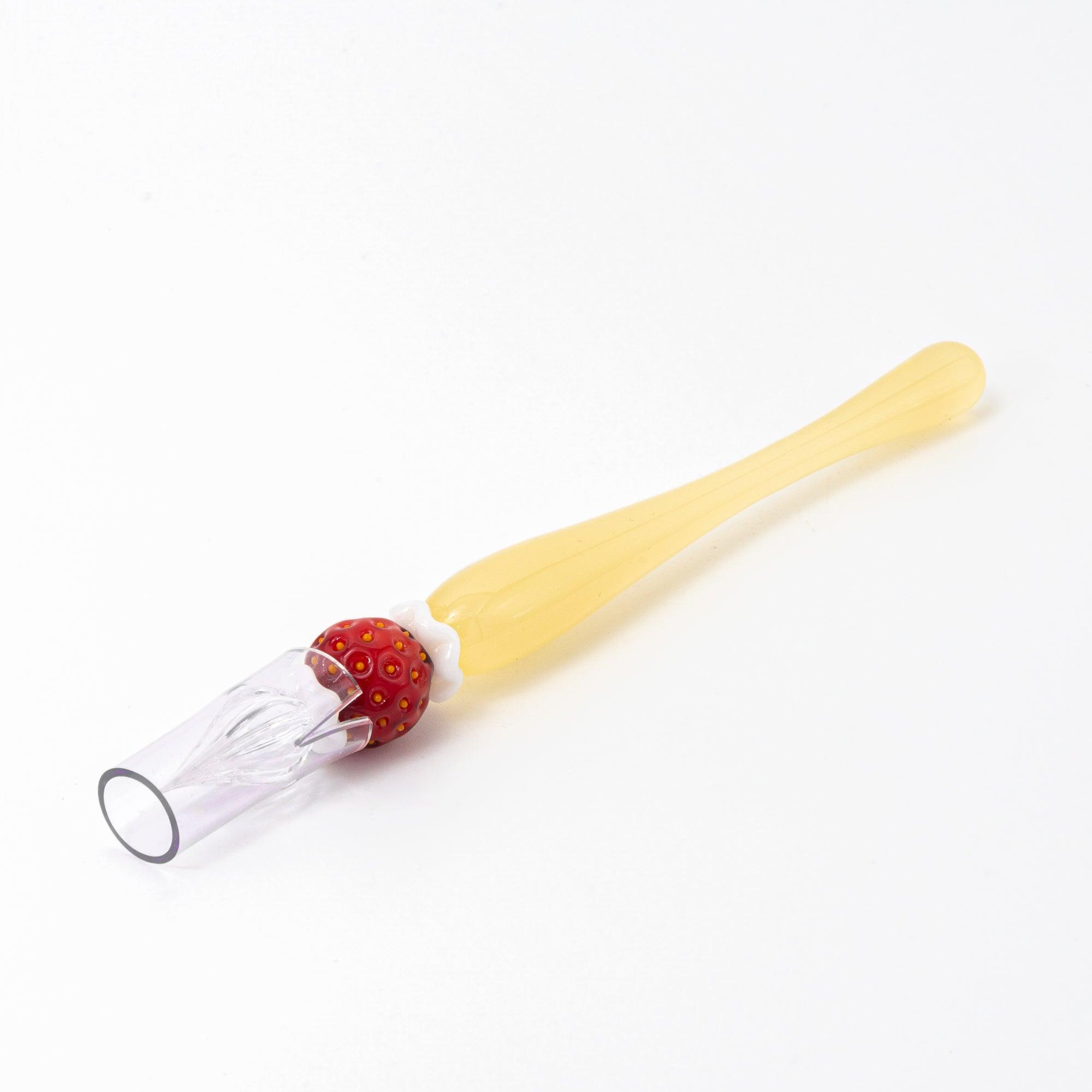 Full view of a strawberry-themed glass pen on a white background. Great for lovers of Japanese stationery.