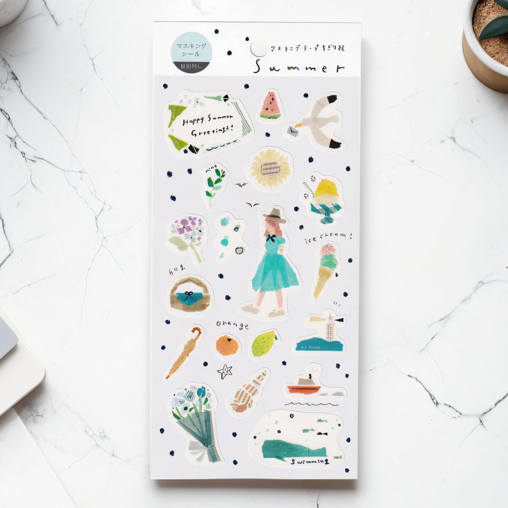 A Japanese stationery washi sticker sheet featuring summer-themed designs, including a girl in a dress, ice cream, sunflowers, fruits, and the sea, in a refreshing watercolor style.