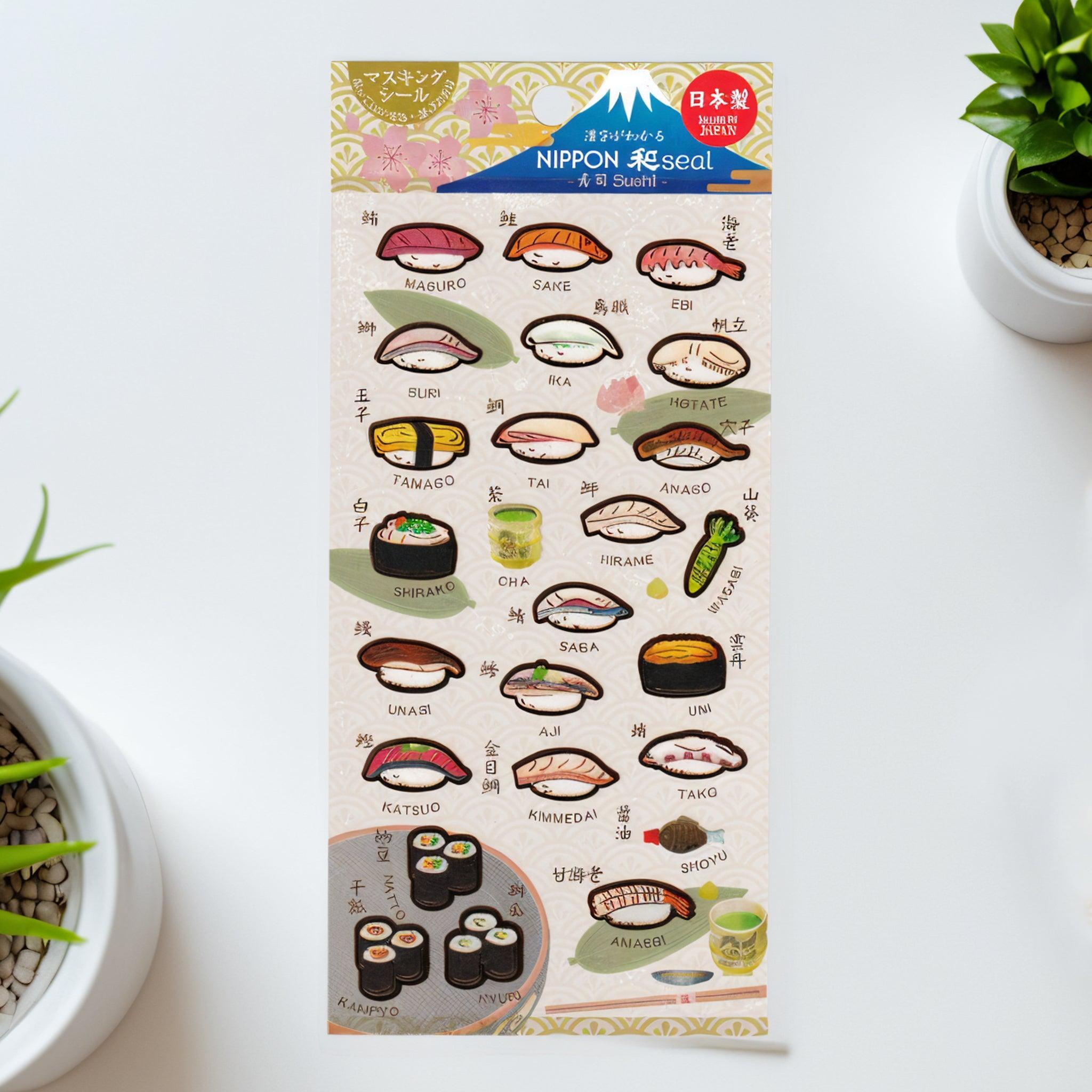 A Japanese stationery washi sticker sheet featuring beautifully illustrated sushi designs, including maguro, tamago, uni, anago, and maki rolls, capturing the charm of Japanese cuisine.