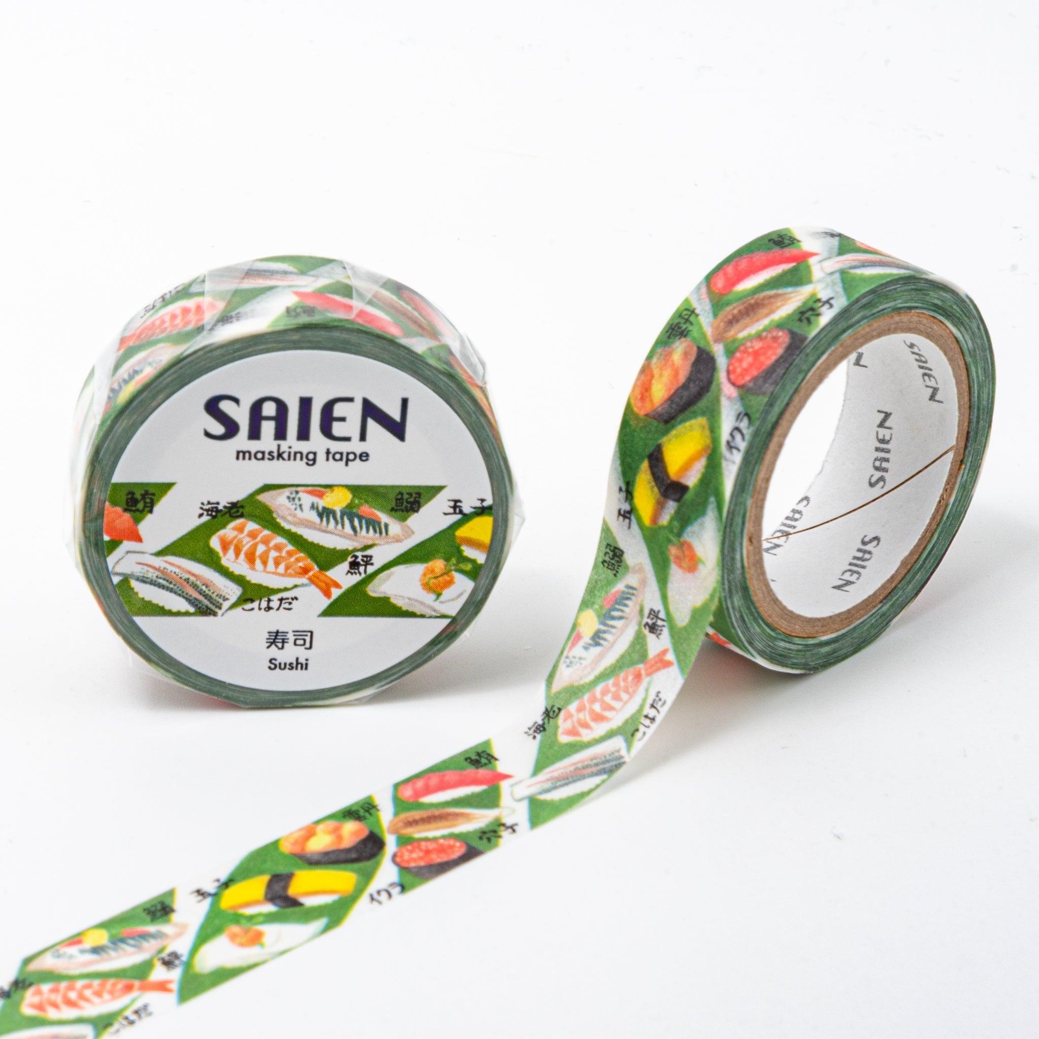 Green washi tape from Japanese stationery brand SAIEN, featuring colorful illustrations of sushi types like tamago, ebi, salmon, and tuna on a vibrant green background.  