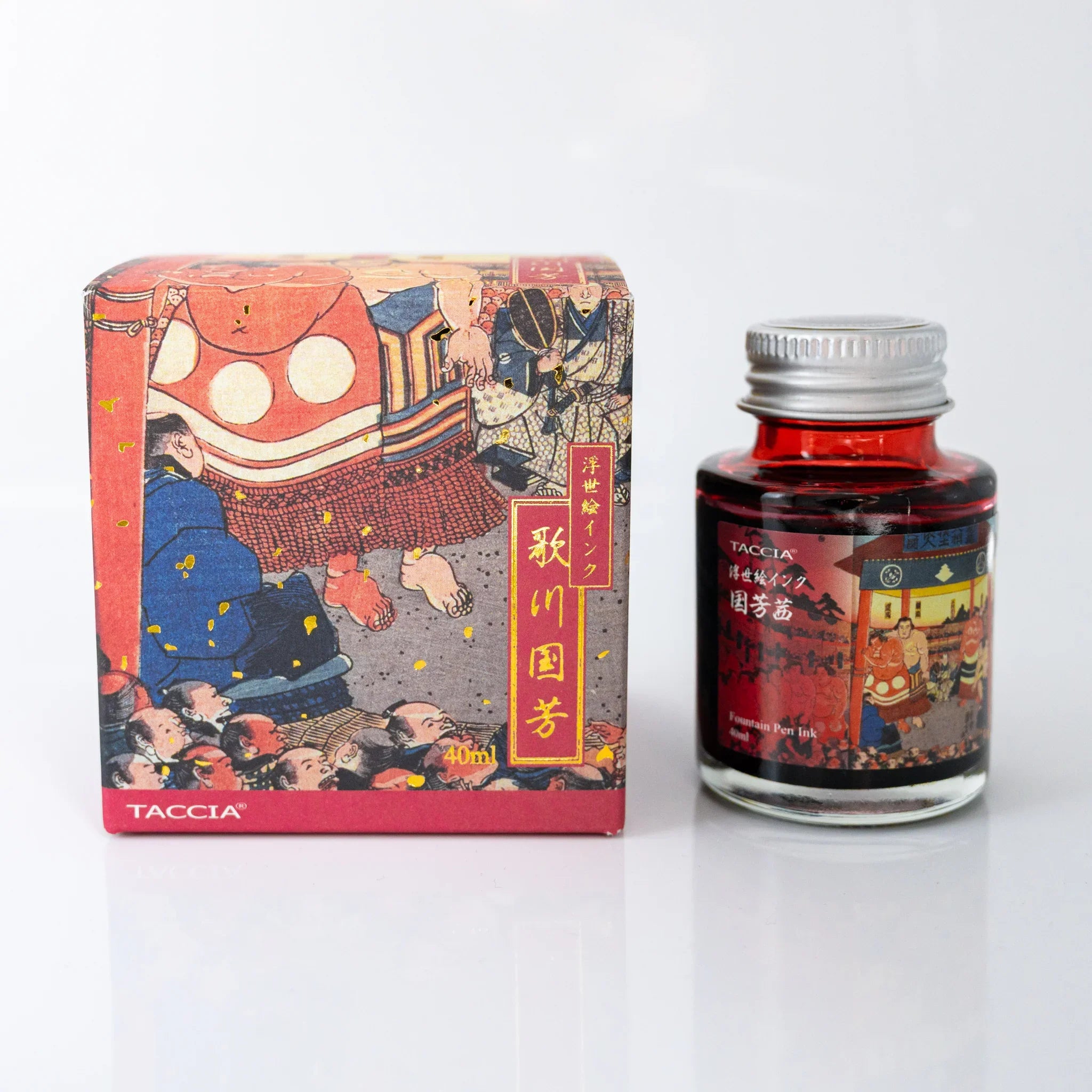 TACCIA Ukiyo-e Kuniyoshi Akane 40ml Japanese fountain pen ink bottle and box printed with Kanjin Ozumo.
