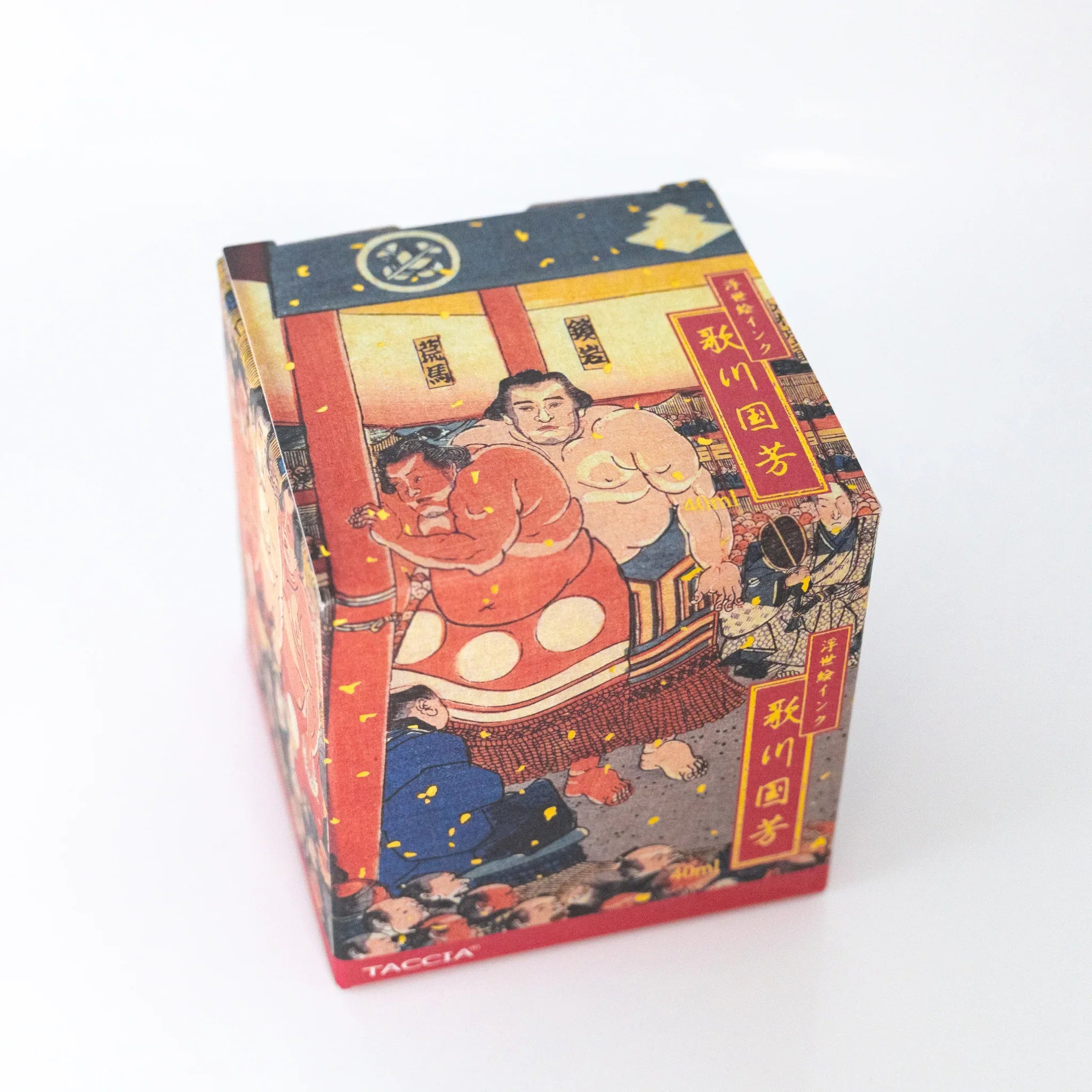 Angled view of TACCIA Kuniyoshi Akane ukiyo-e printed box featuring Kanjin Ozumo by Utagawa Kuniyoshi.
