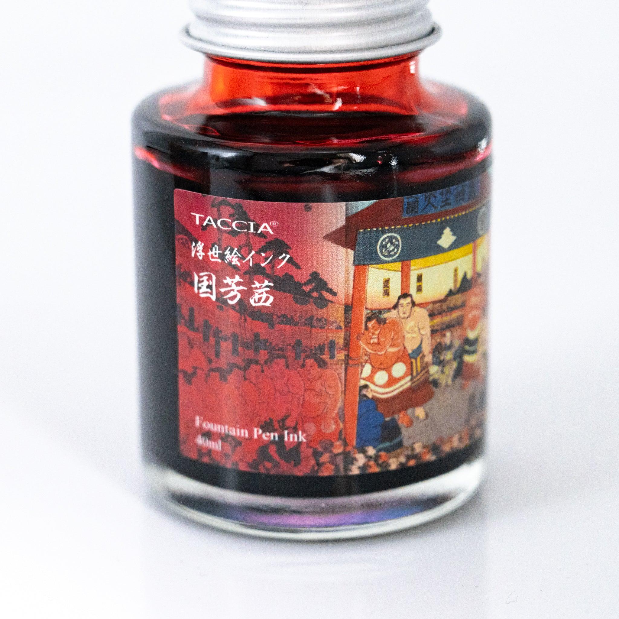 Detail of TACCIA Kuniyoshi Akane ink bottle label artwork from Kuniyoshi's Kanjin Ozumo.