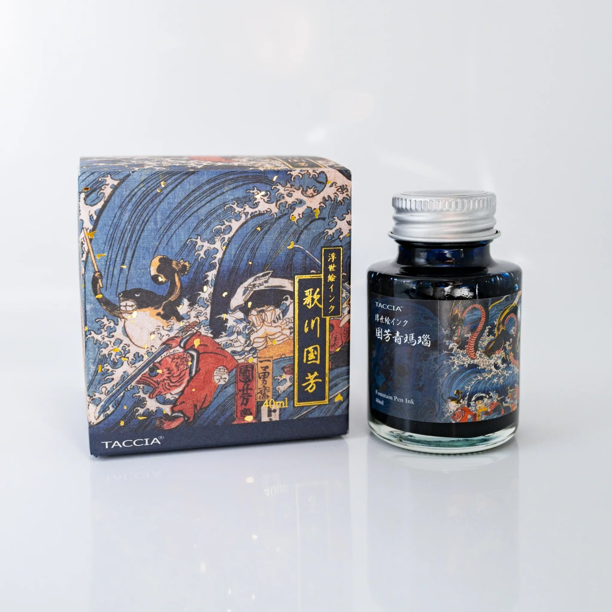 TACCIA Ukiyo-e Kuniyoshi Aomenou 40ml Japanese fountain pen ink bottle and box printed with Princess Tamatori.
